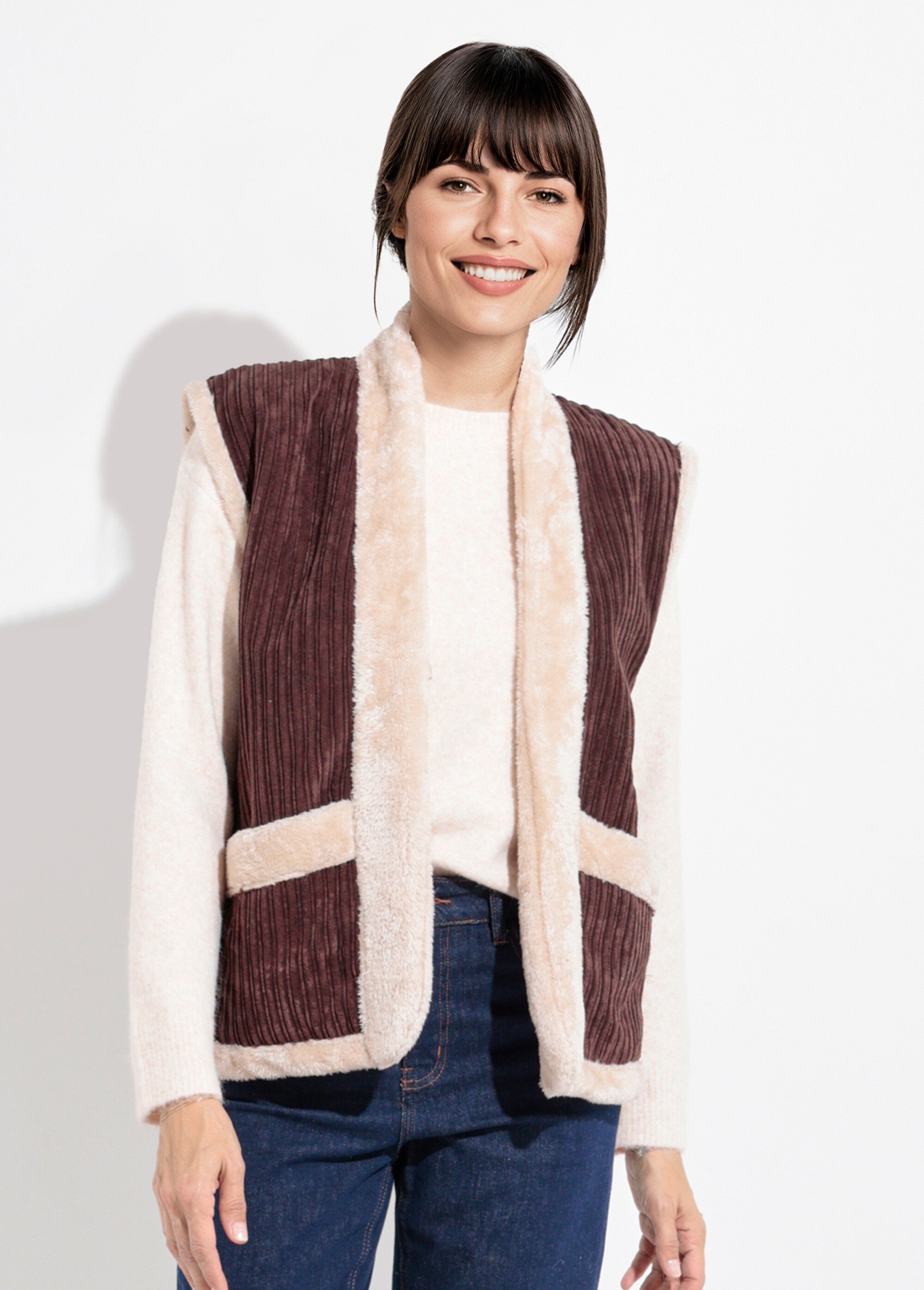 Veste sans manches velours et fourrure Femme Marron SJ-COTMOU FA1