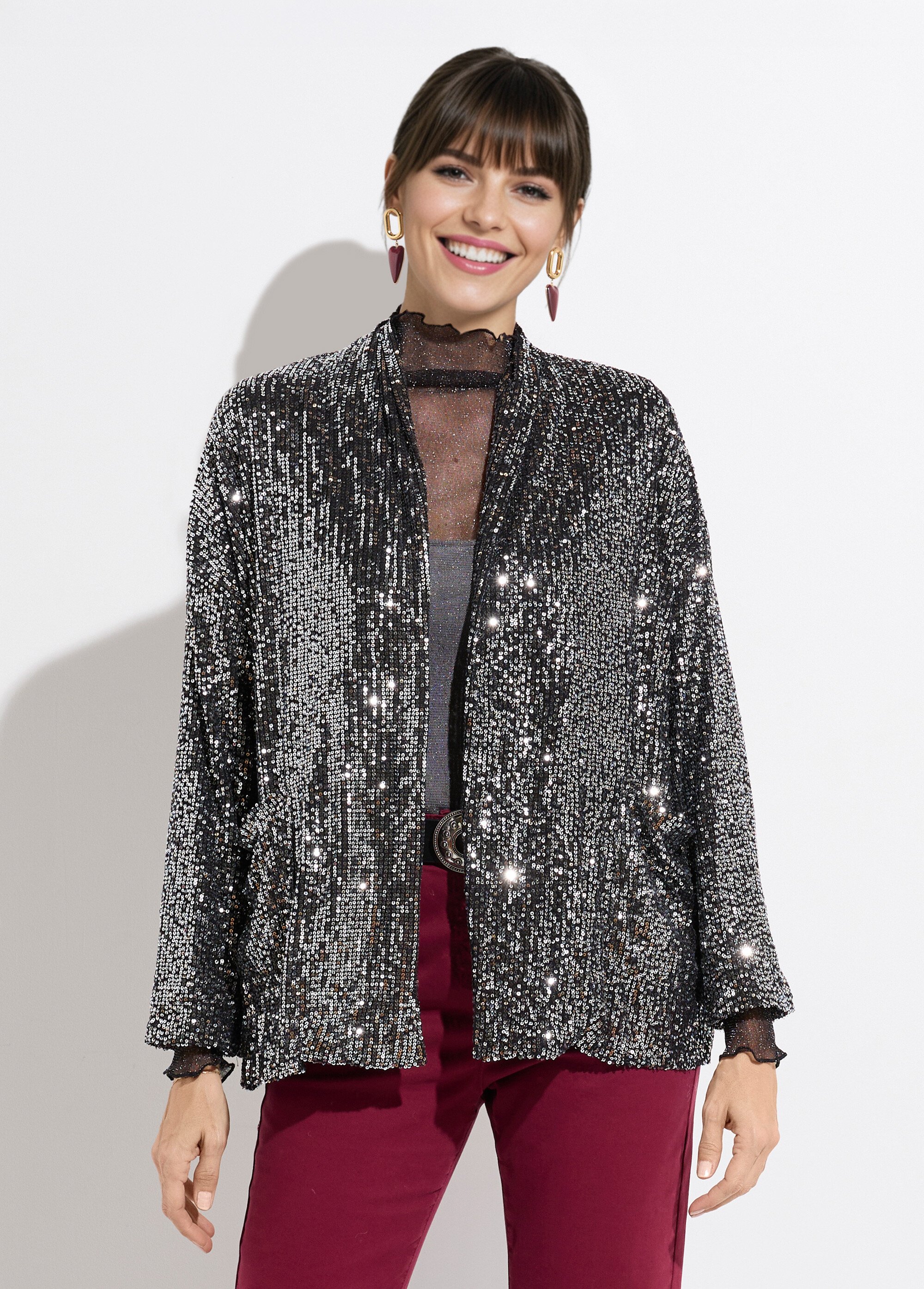 Veste sequins métallisés et col châle Femme Argenté JS-TOP3089 FA1