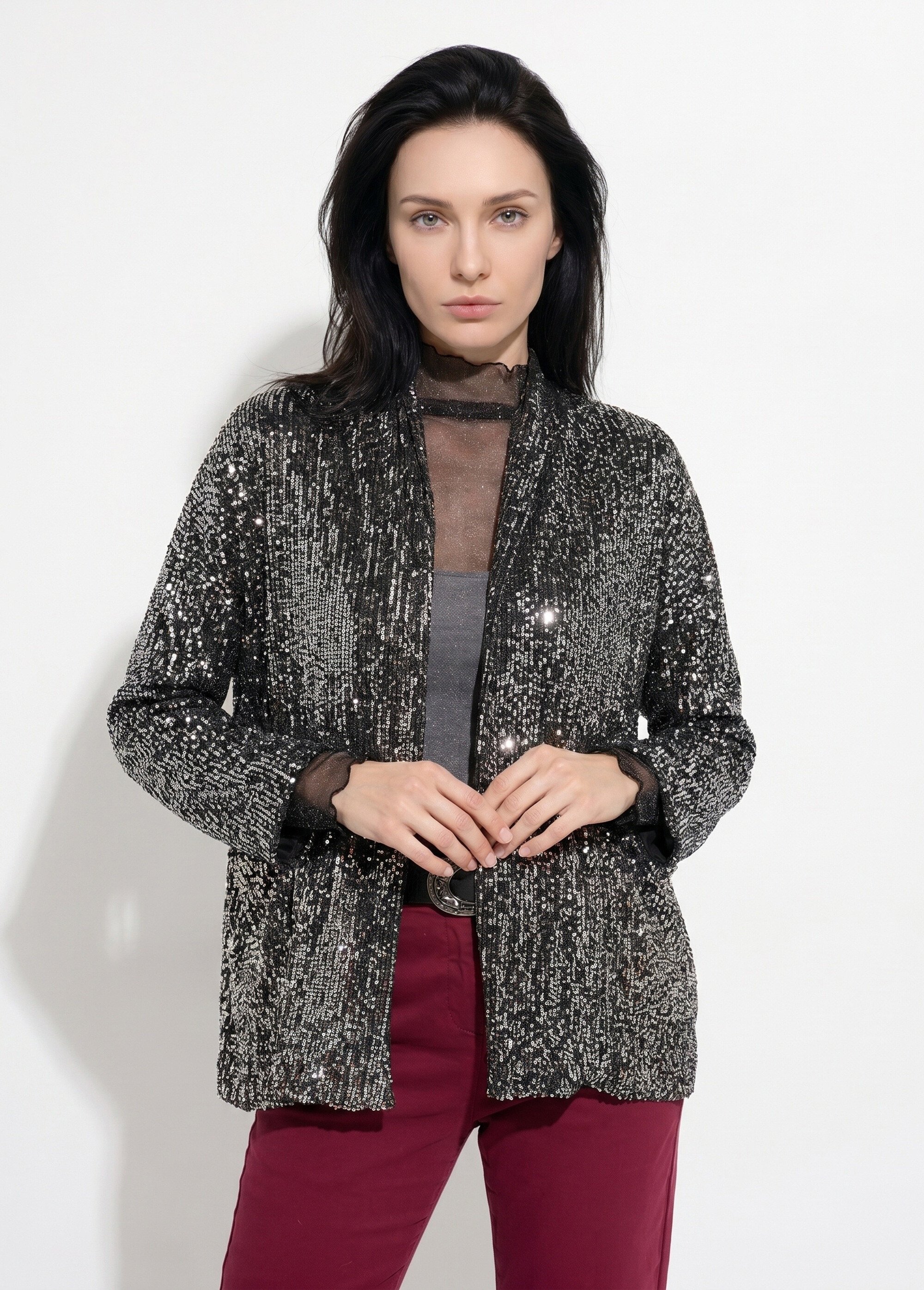 Veste sequins métallisés et col châle Femme Argenté JS-TOP3089 FA1
