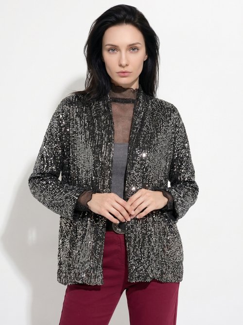 Veste sequins métallisés et col châle Femme Argenté JS-TOP3089 FA1