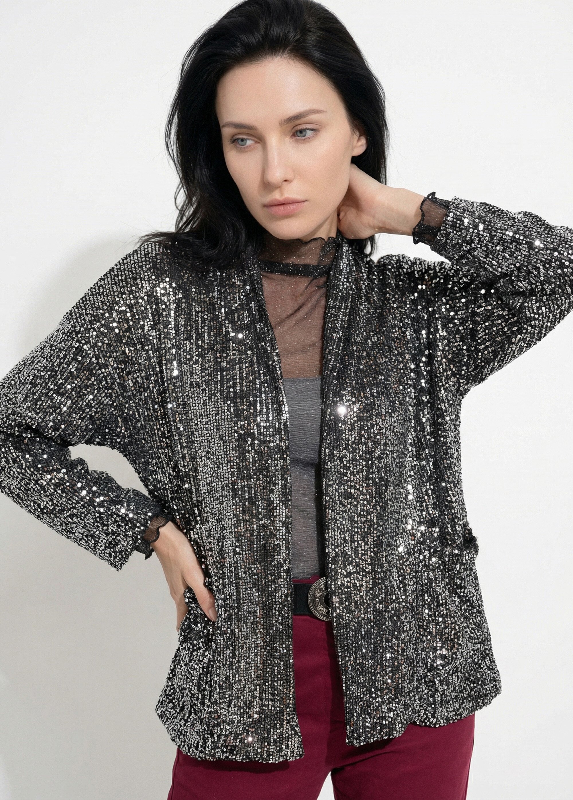 Veste sequins métallisés et col châle Femme Argenté JS-TOP3089 MV1