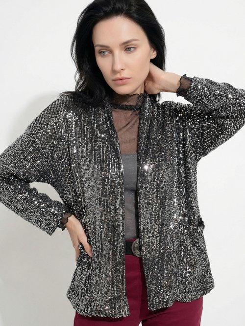 Veste sequins métallisés et col châle Femme Argenté JS-TOP3089 MV1