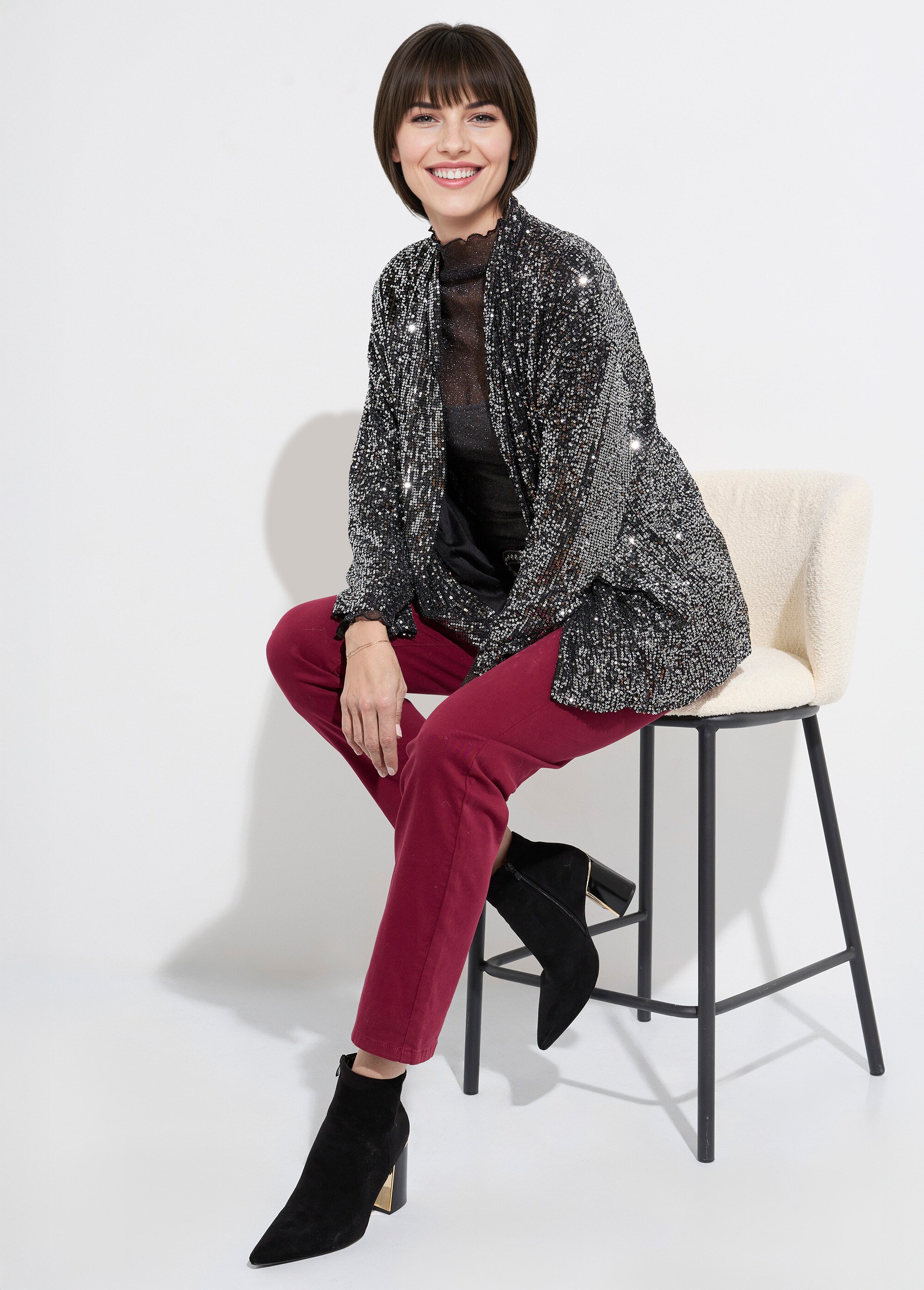 Veste sequins métallisés et col châle Femme Argenté JS-TOP3089 SI1