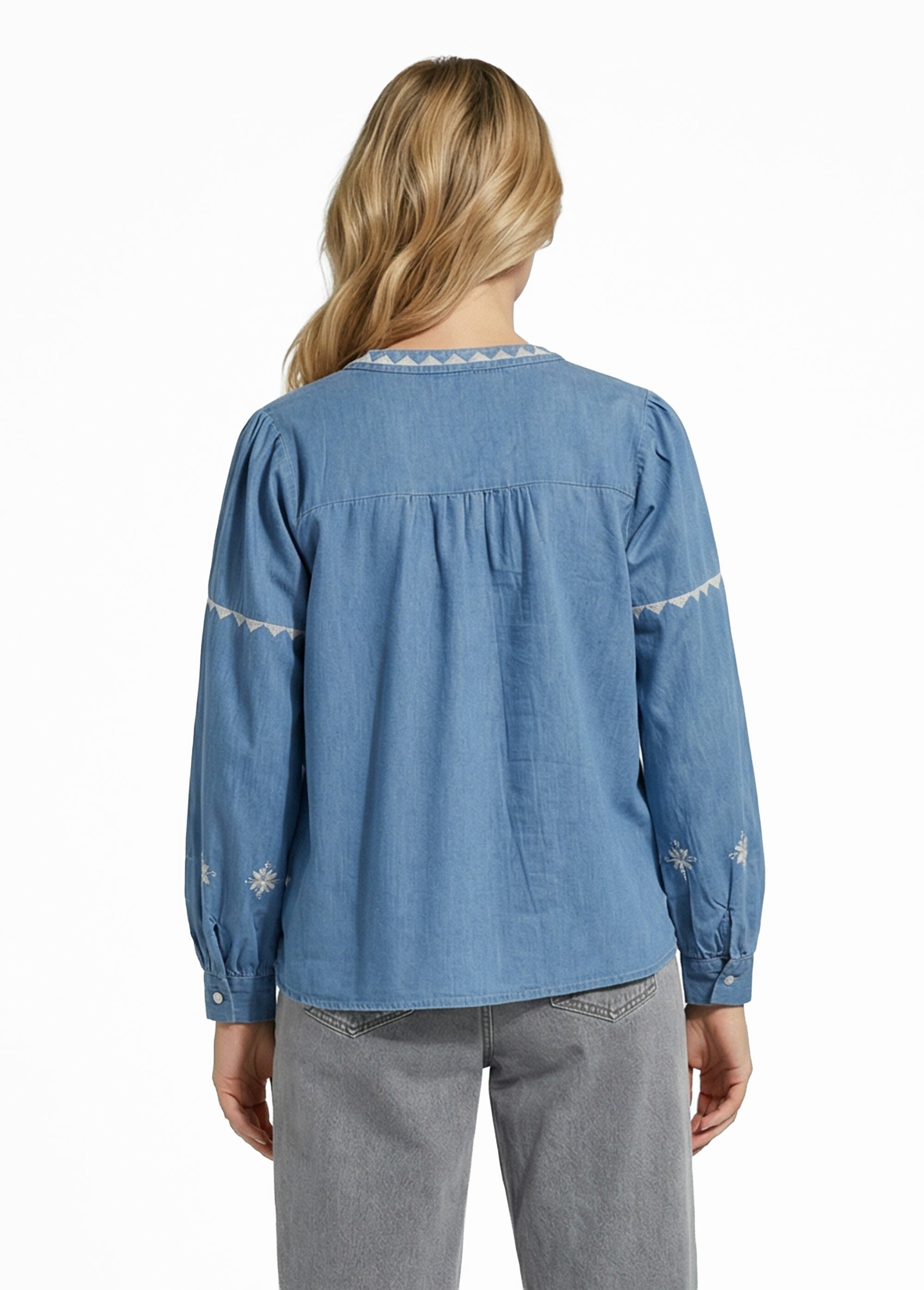 Blouse chambray broderies point de croix Femme Bleu IA-Q3166 DO1
