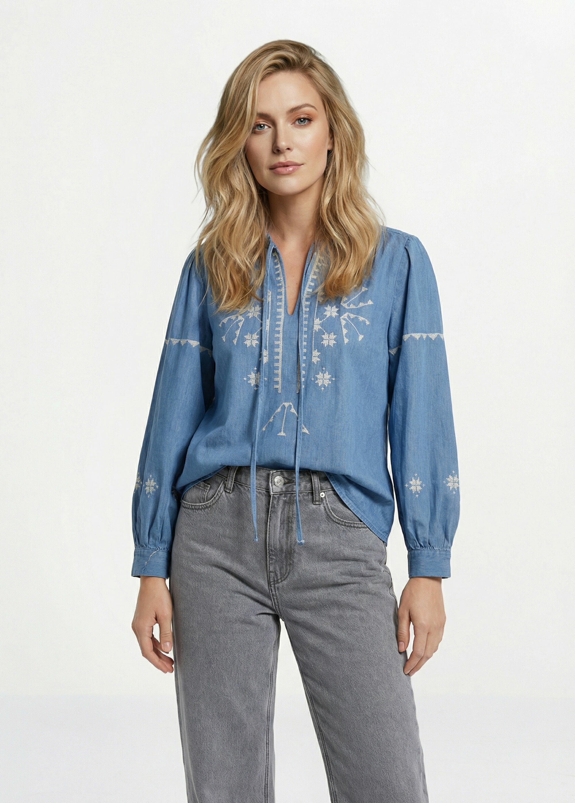 Blouse chambray broderies point de croix Femme Bleu IA-Q3166 FA1