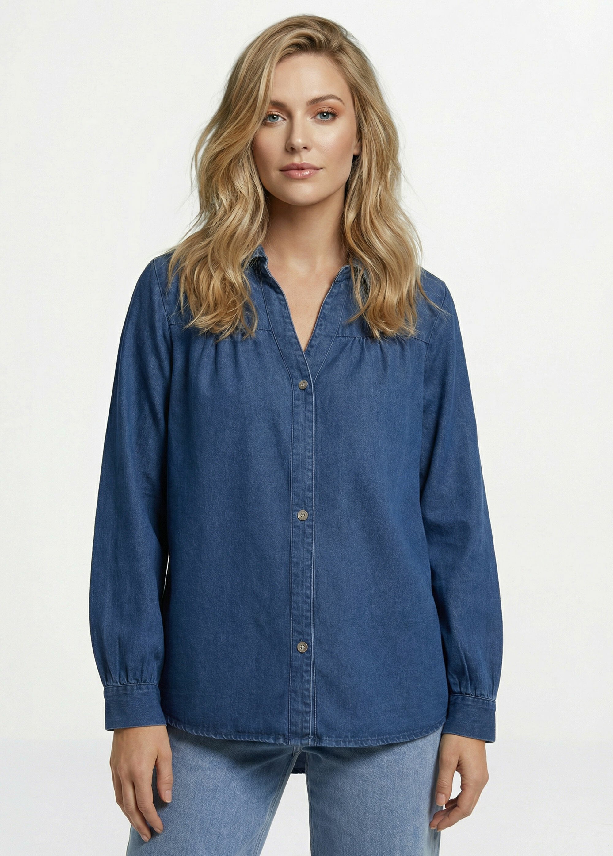 Chemise en jean bohème plissée Femme Bleu IA-Q3160 FA1