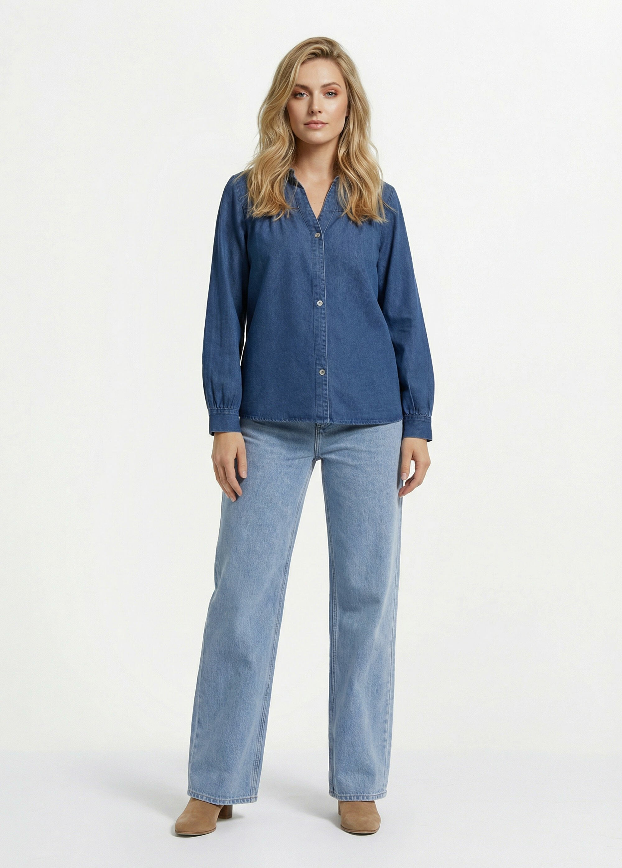 Chemise en jean bohème plissée Femme Bleu IA-Q3160 SF1