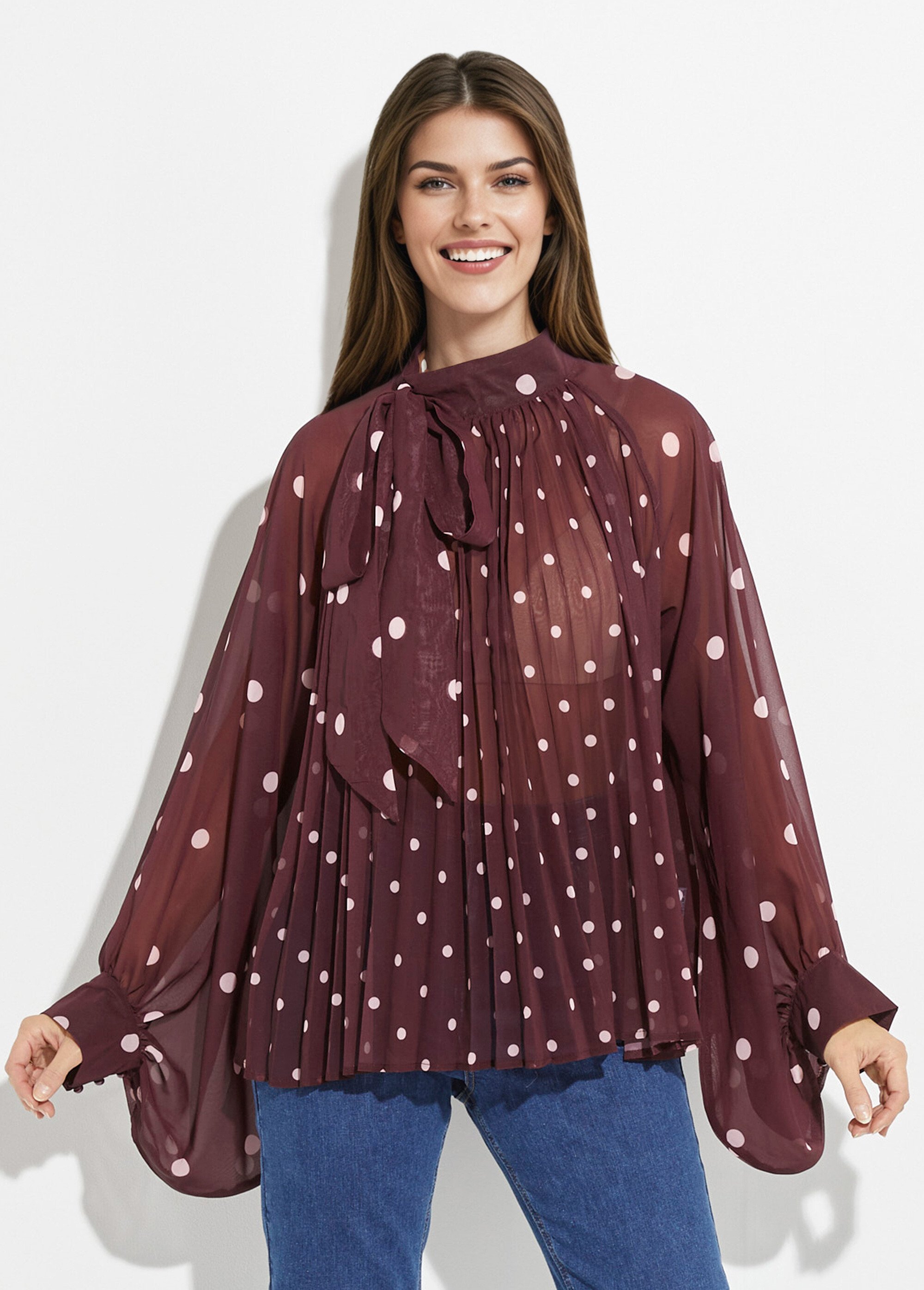 Chemisier à pois et manches bouffantes Femme Rouge JS-TOP3390 FA1