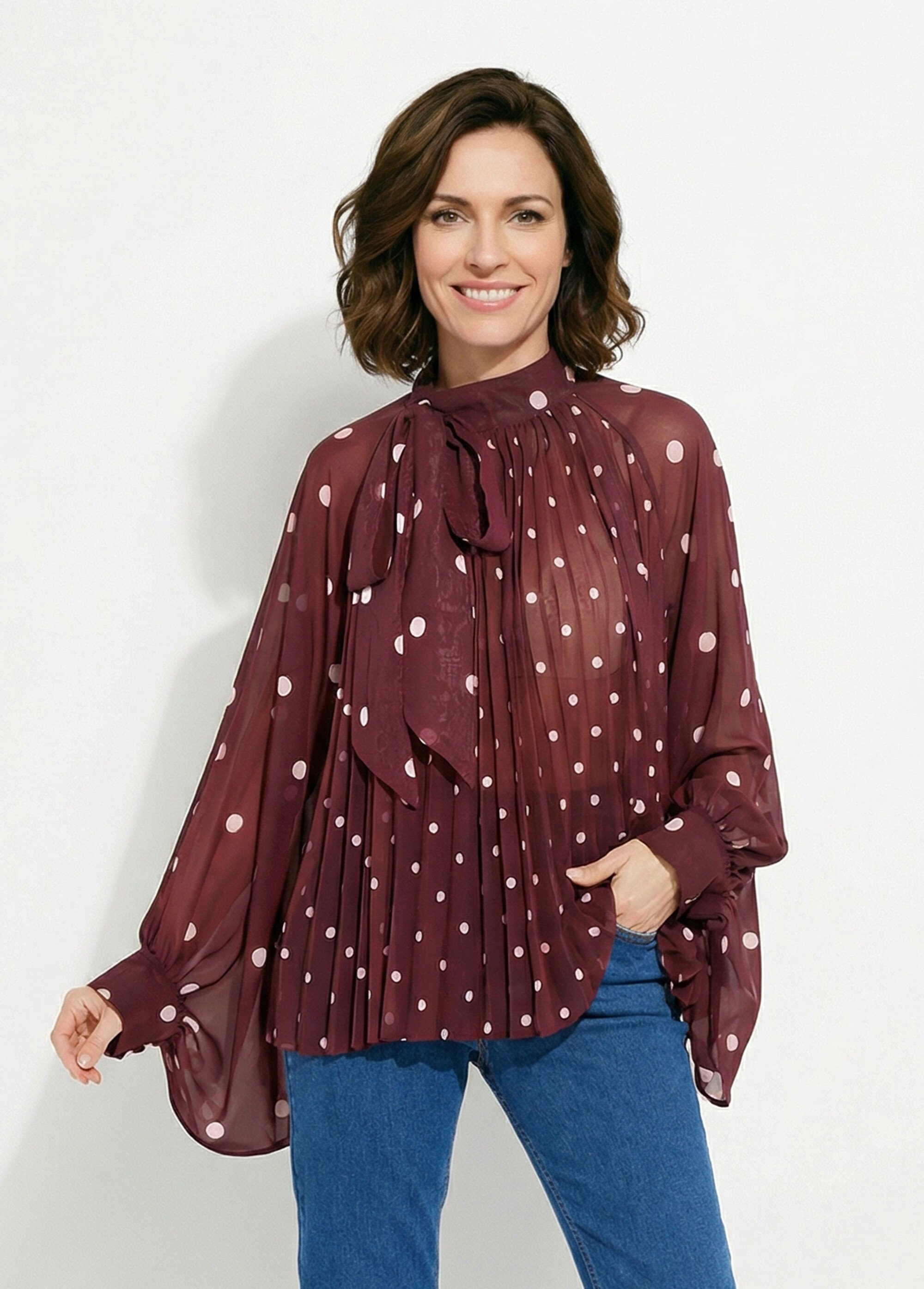 Chemisier à pois et manches bouffantes Femme Rouge JS-TOP3390 FA1
