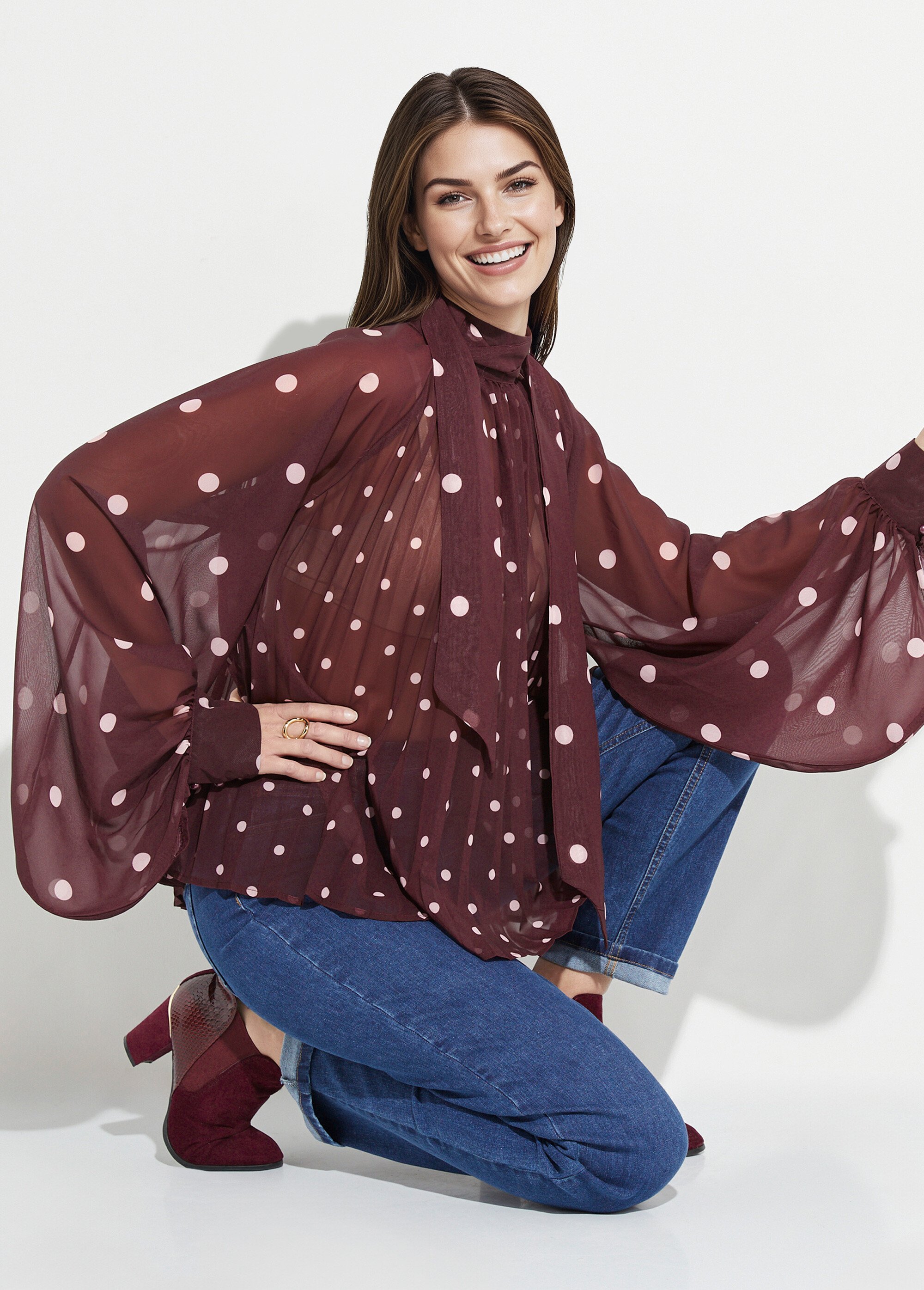 Chemisier à pois et manches bouffantes Femme Rouge JS-TOP3390 MV1