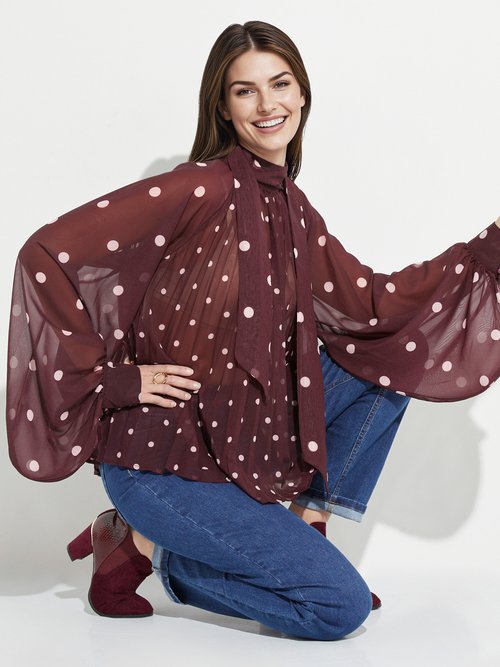 Chemisier à pois et manches bouffantes Femme Rouge JS-TOP3390 MV1