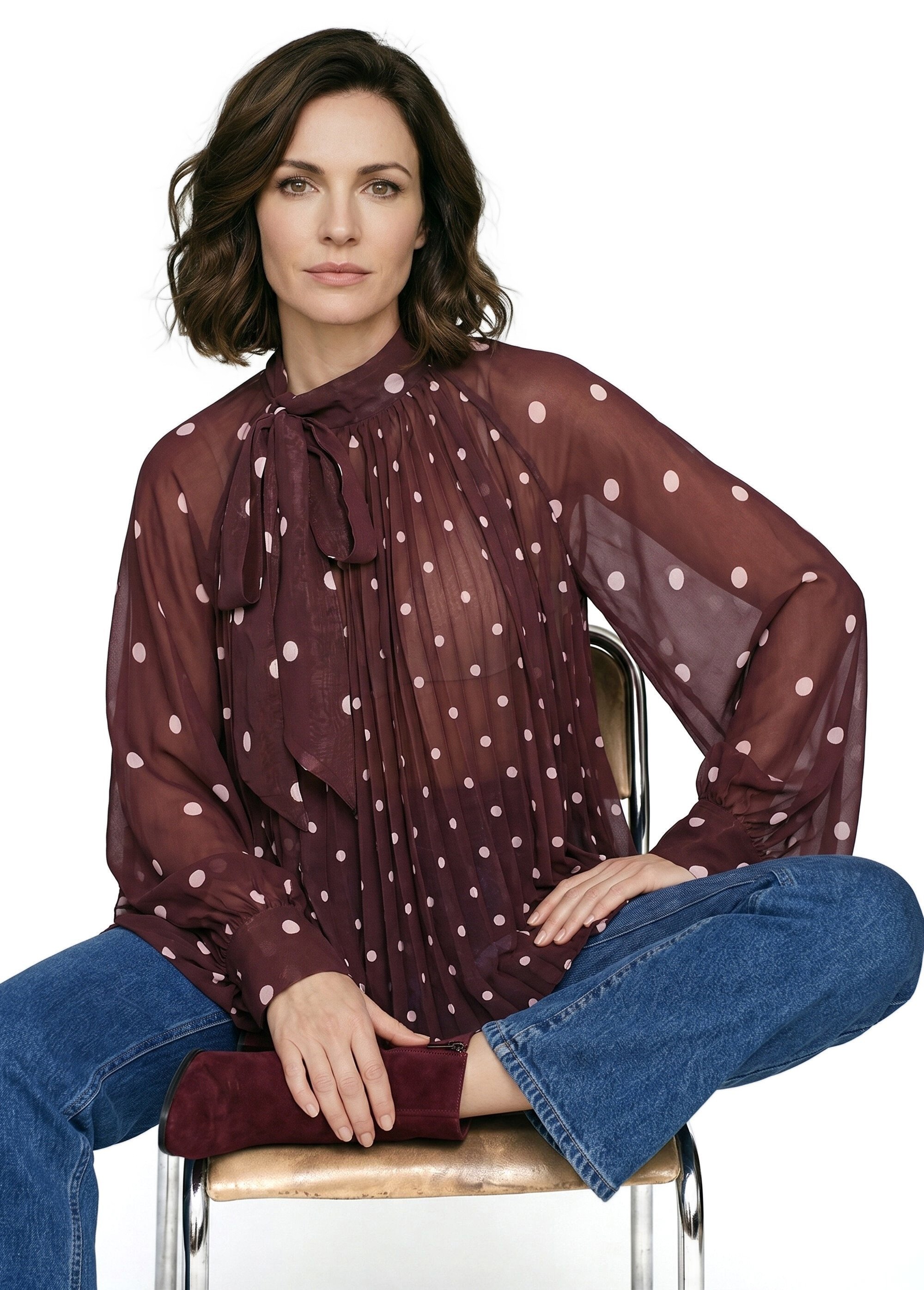 Chemisier à pois et manches bouffantes Femme Rouge JS-TOP3390 MV1