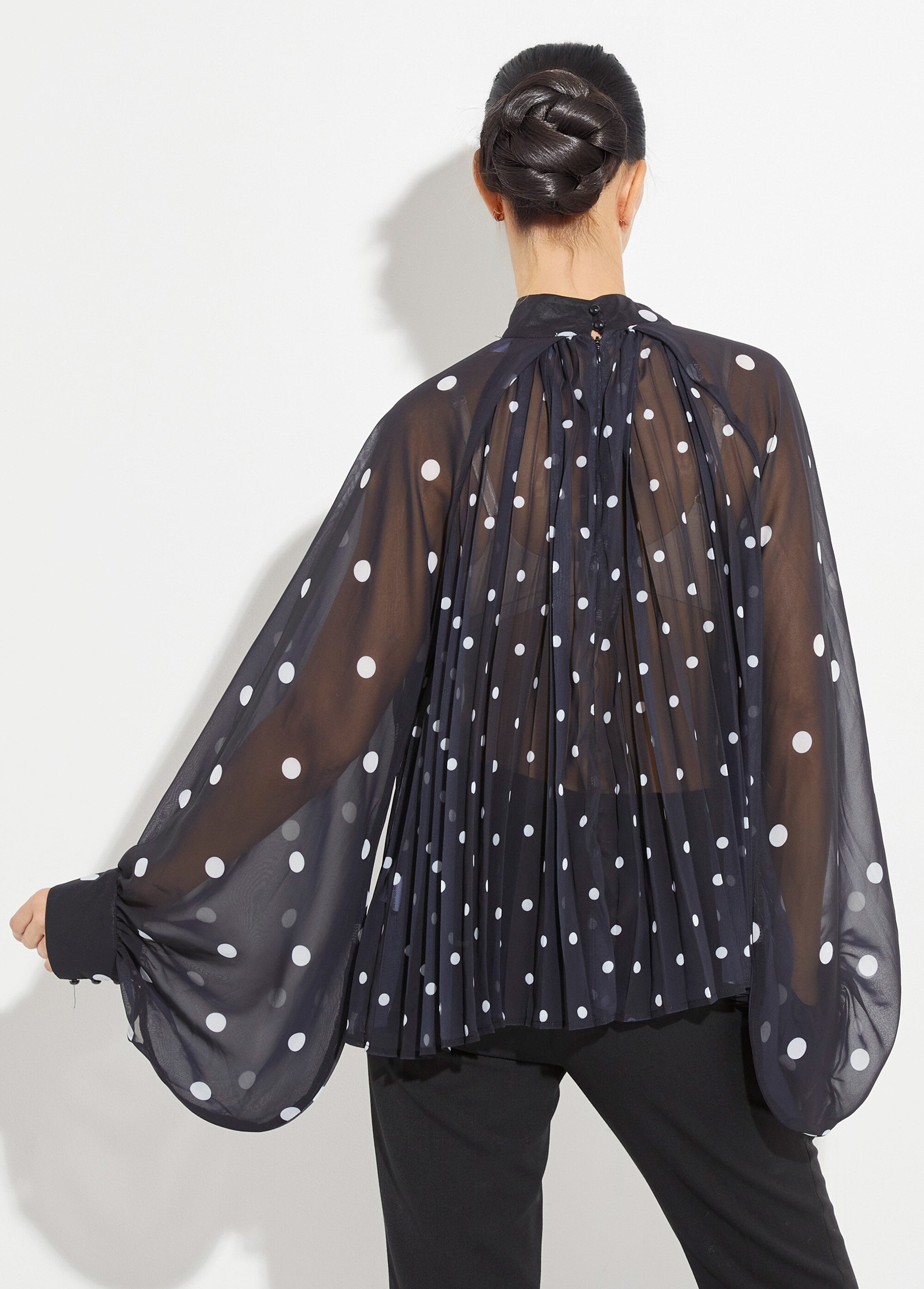 Chemisier à pois et manches bouffantes Femme Noir JS-TOP3390 DO1