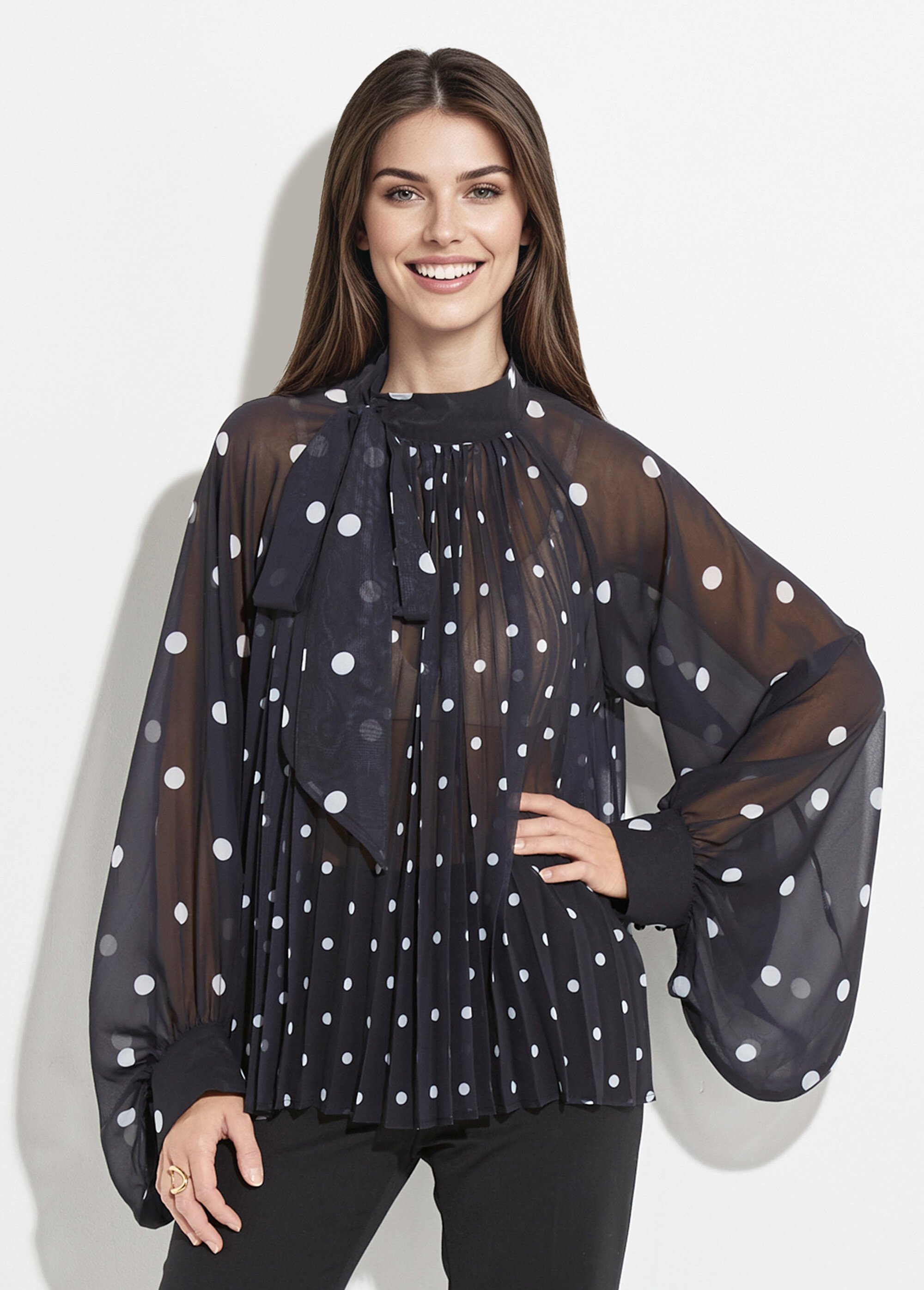 Chemisier à pois et manches bouffantes Femme Noir JS-TOP3390 FA1