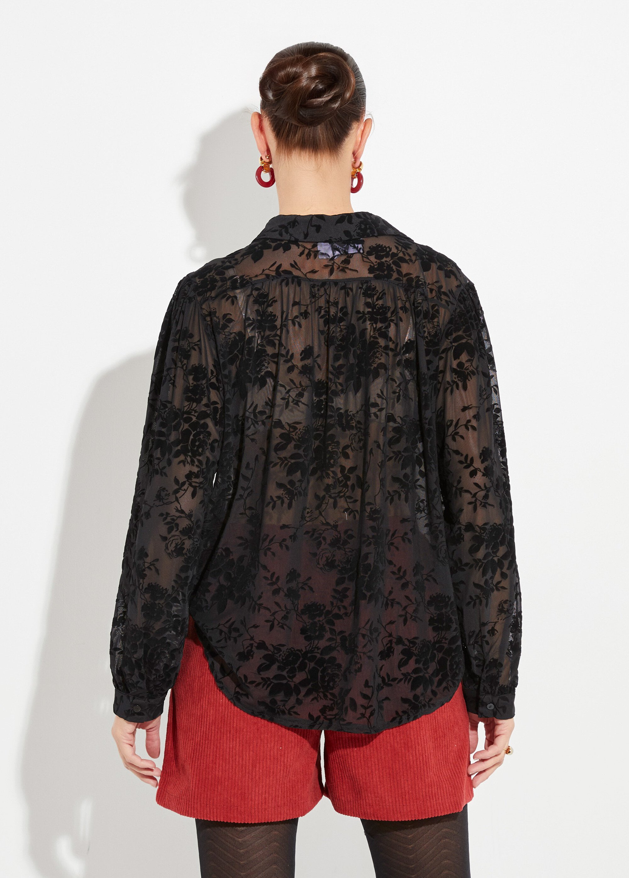 Chemisier dentelle avec fleurs velours Femme Noir JS-CH3393 DO1