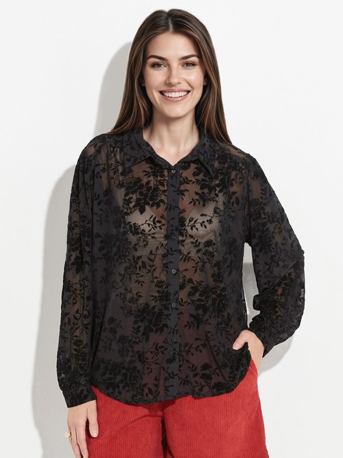 Chemisier dentelle avec fleurs velours Femme Noir JS-CH3393 FA1