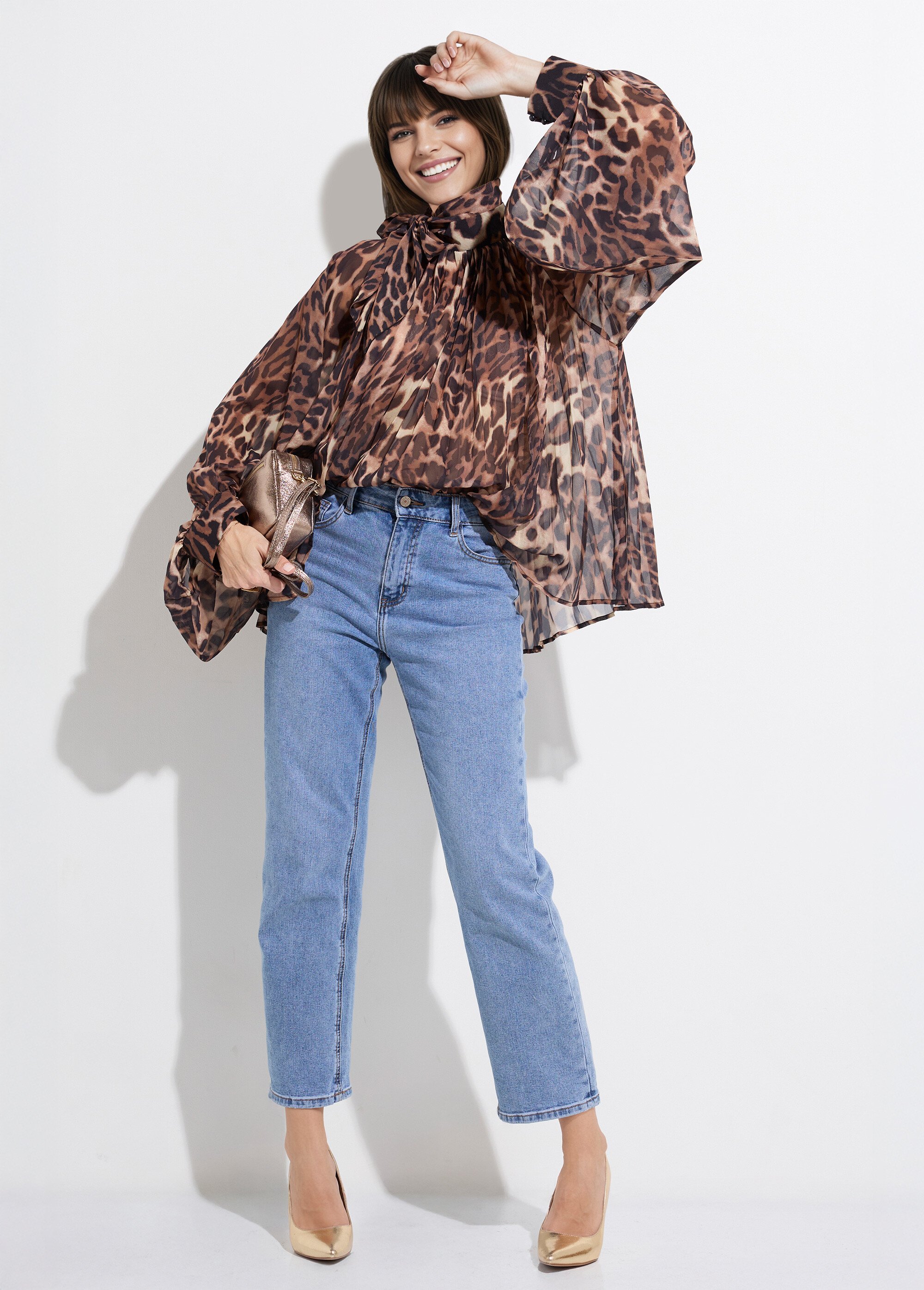 Chemisier léopard et manches bouffantes Femme Beige JS-TOP3389 SI1