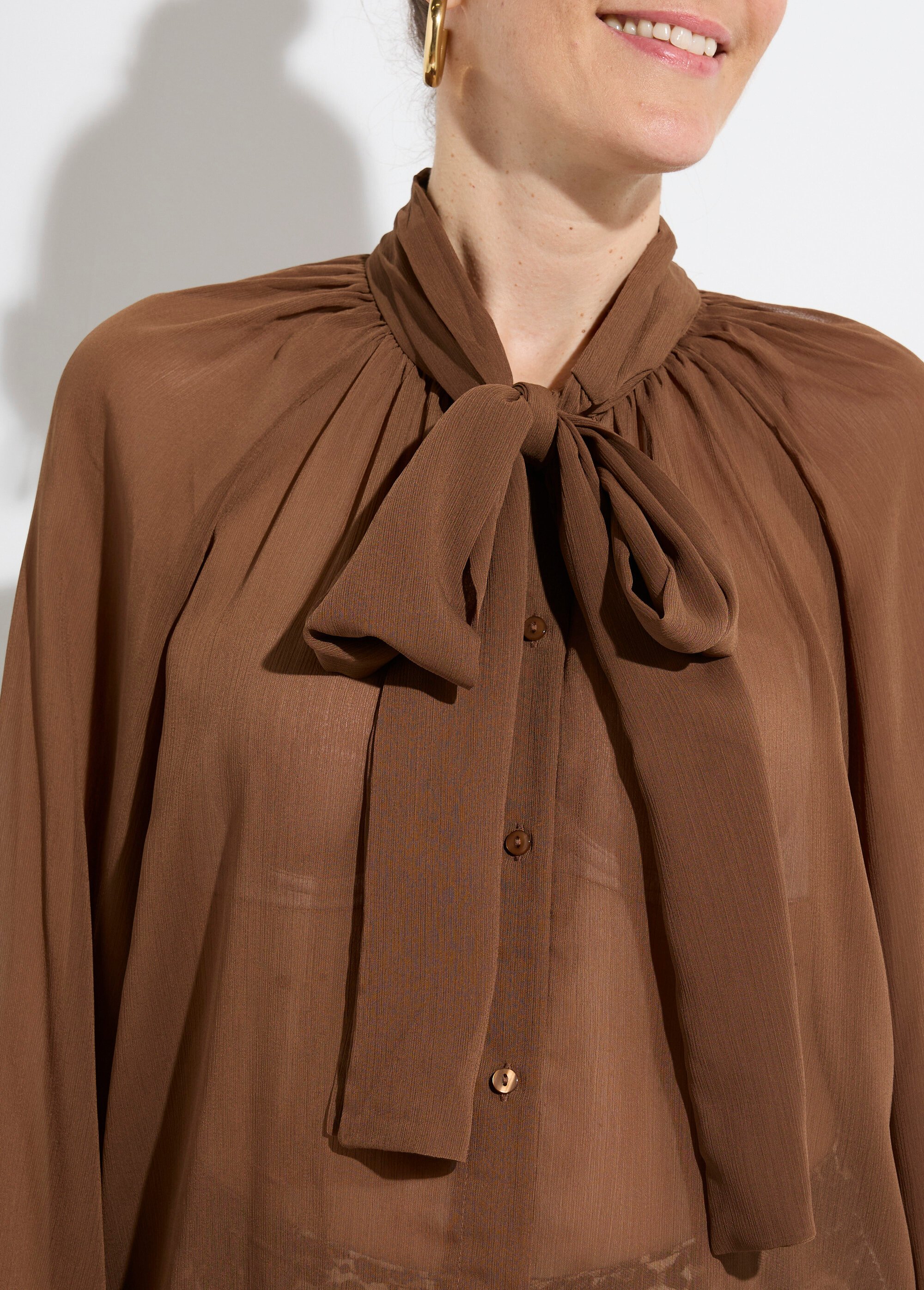 Chemisier voile uni avec col lavallière Femme Marron JS-CH3532 DE1