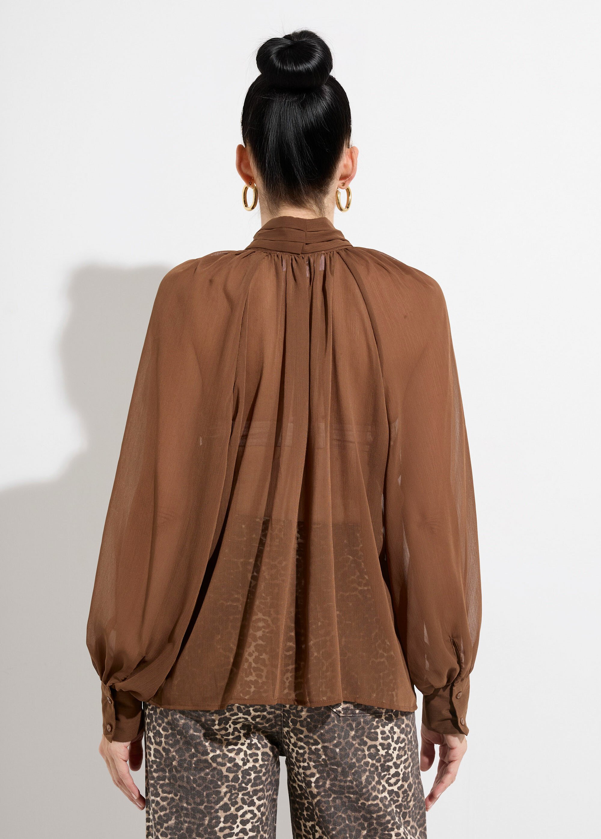 Chemisier voile uni avec col lavallière Femme Marron JS-CH3532 DO1