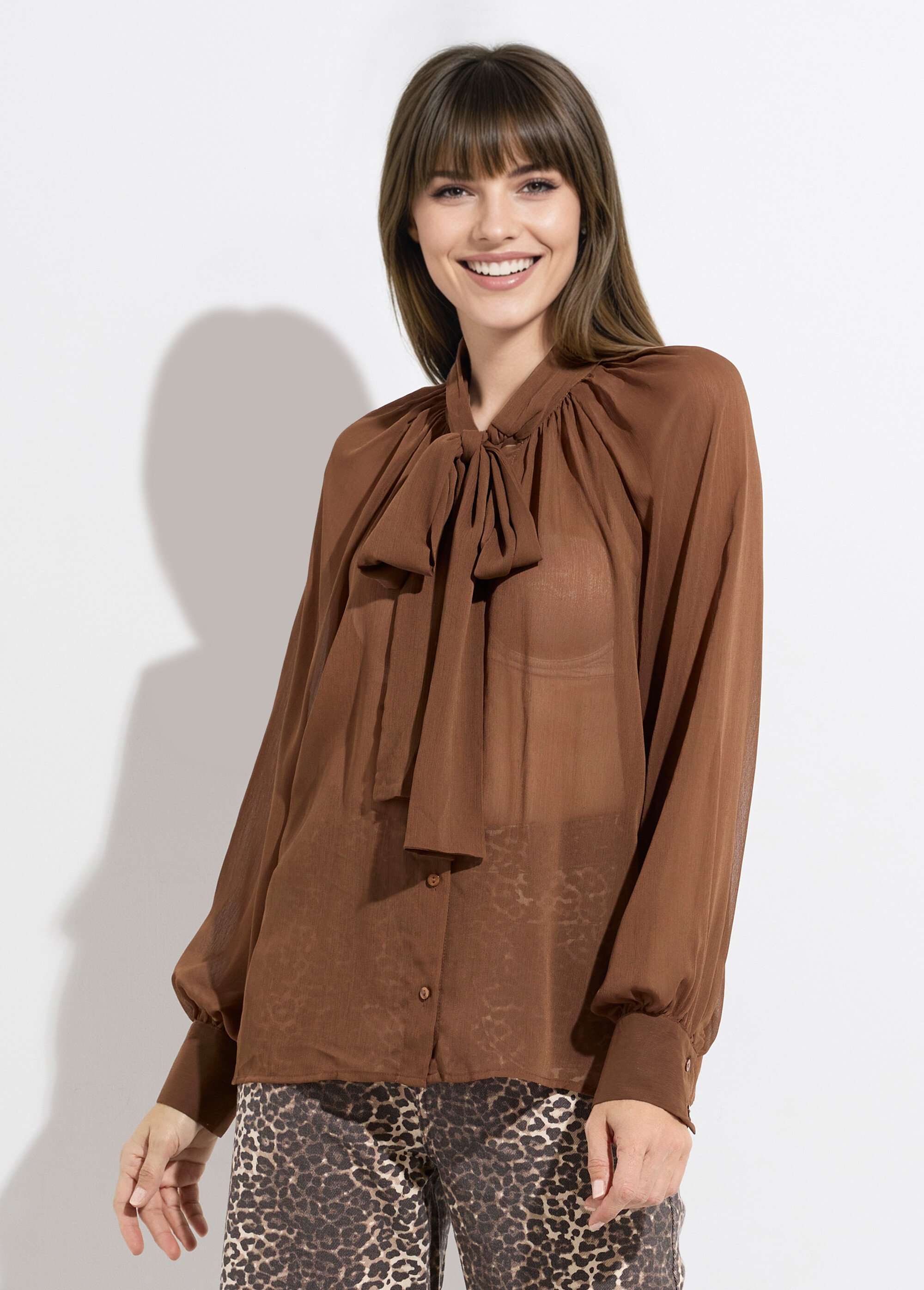 Chemisier voile uni avec col lavallière Femme Marron JS-CH3532 FA1