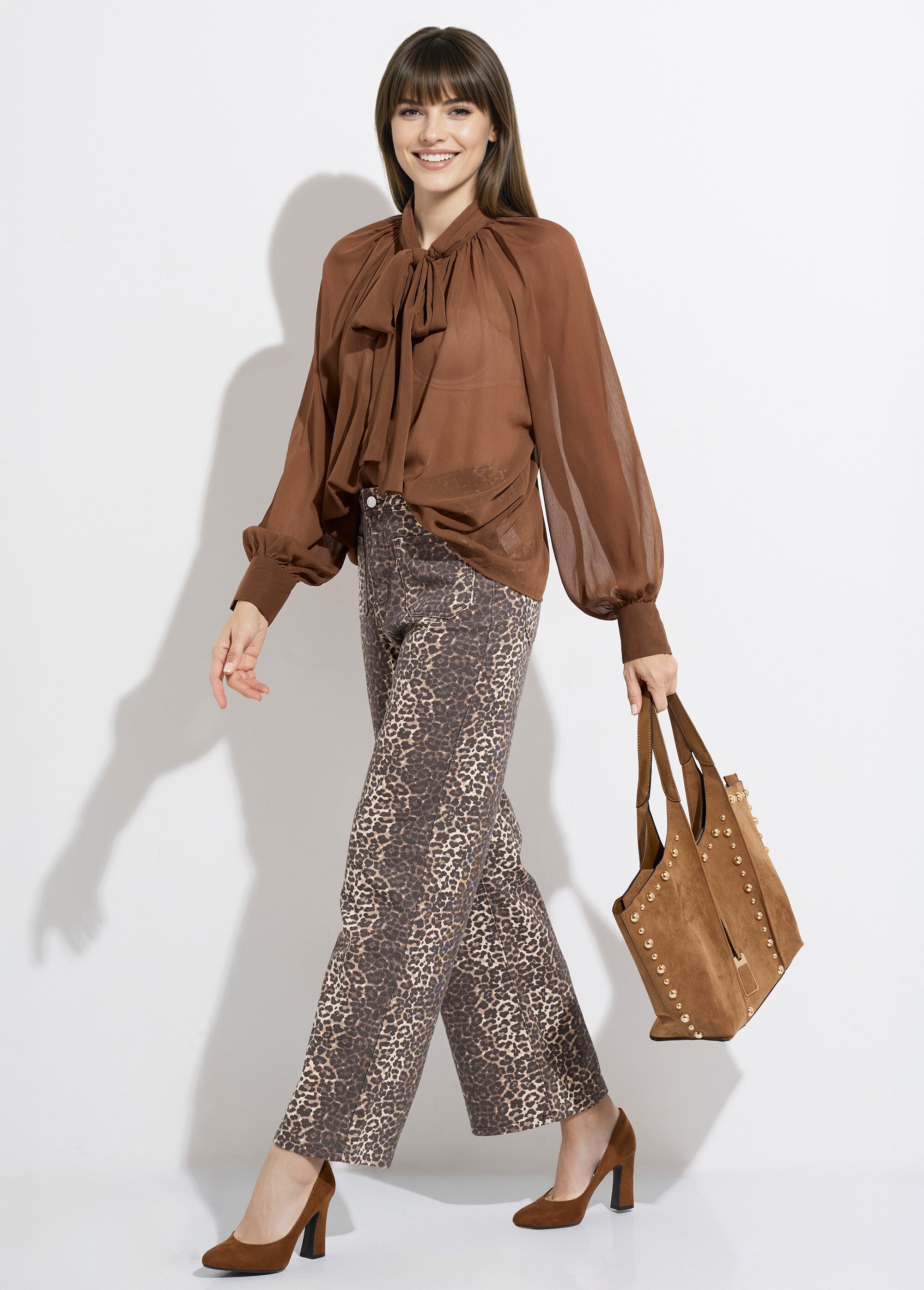 Chemisier voile uni avec col lavallière Femme Marron JS-CH3532 SI1