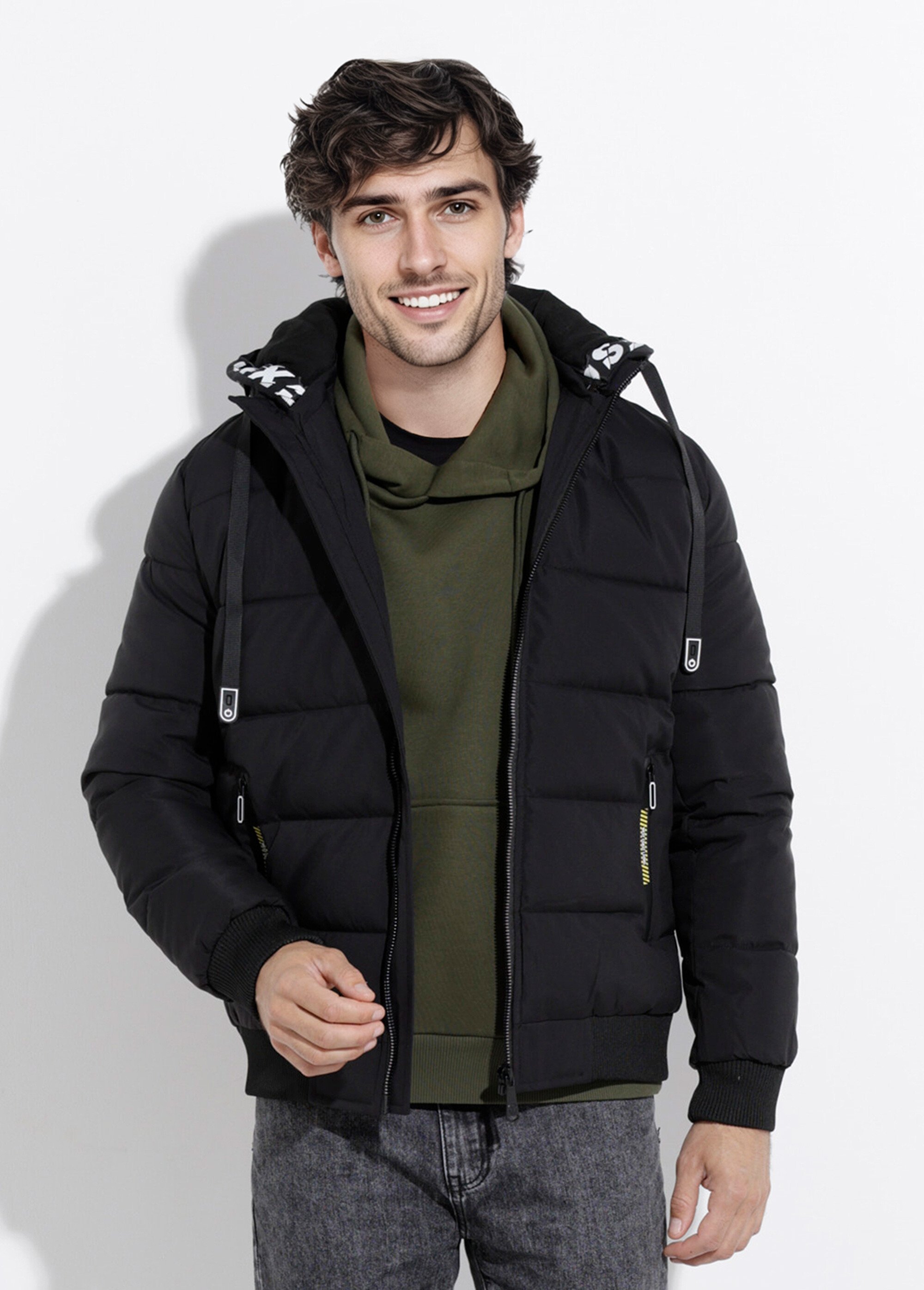 Doudoune matelassée capuche à message Homme Noir DYL8609 FA1