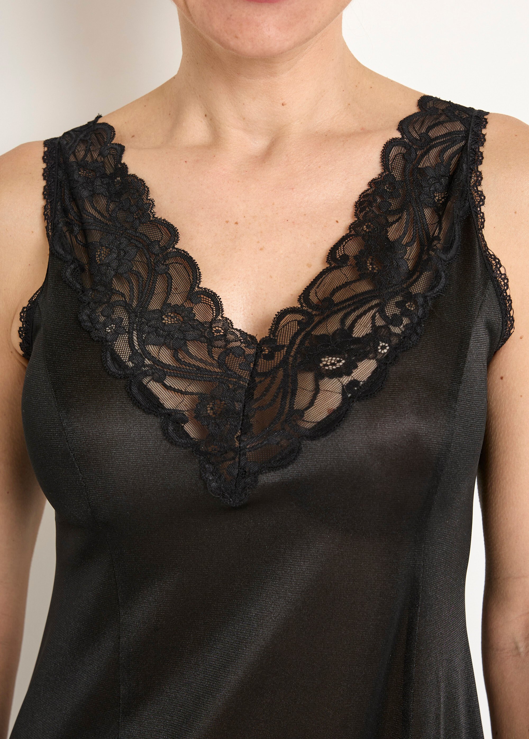 Fond de robe satiné antistatique et dentelle Femme Noir SABIN DE1