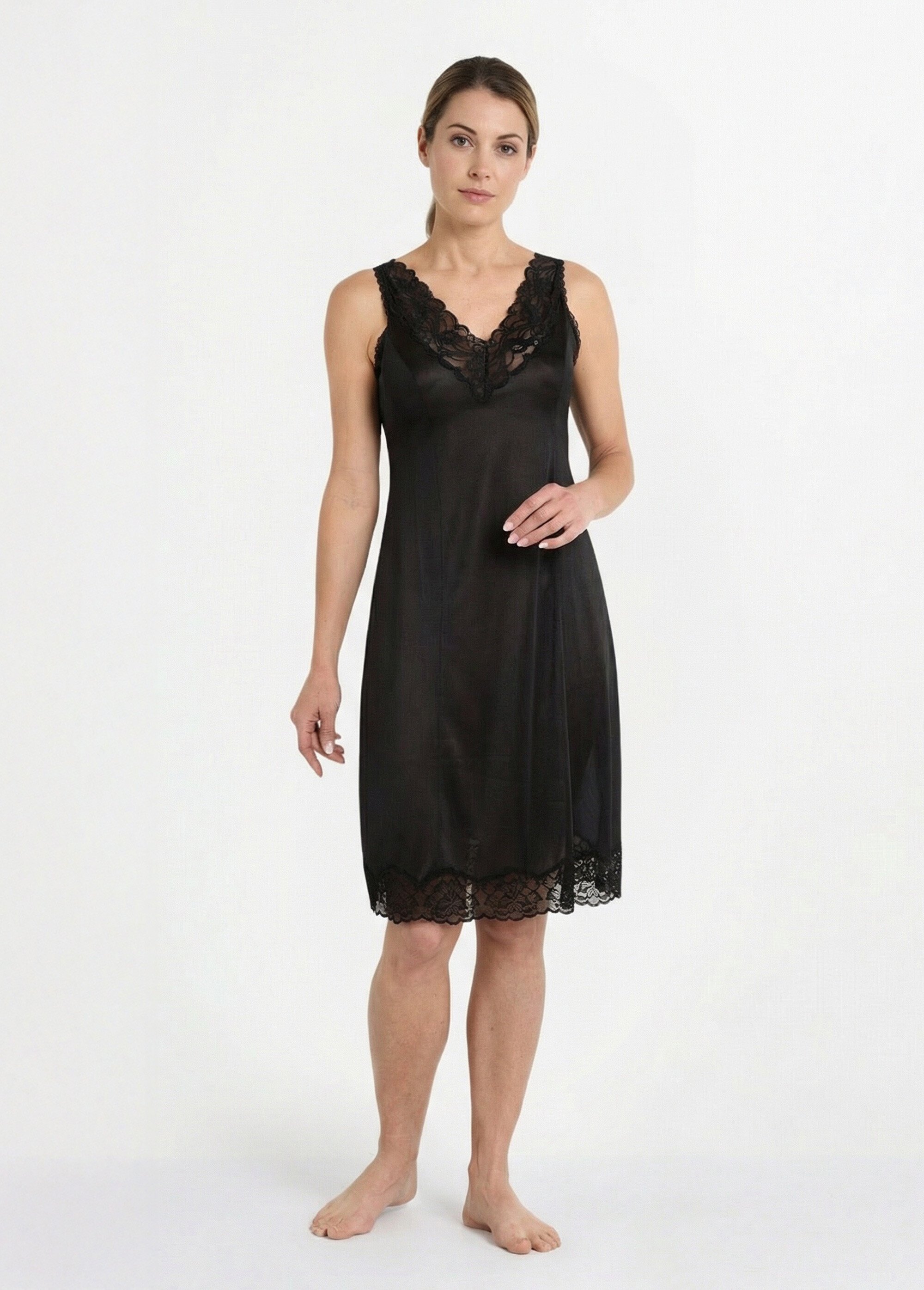 Fond de robe satiné antistatique et dentelle Femme Noir SABIN FA1