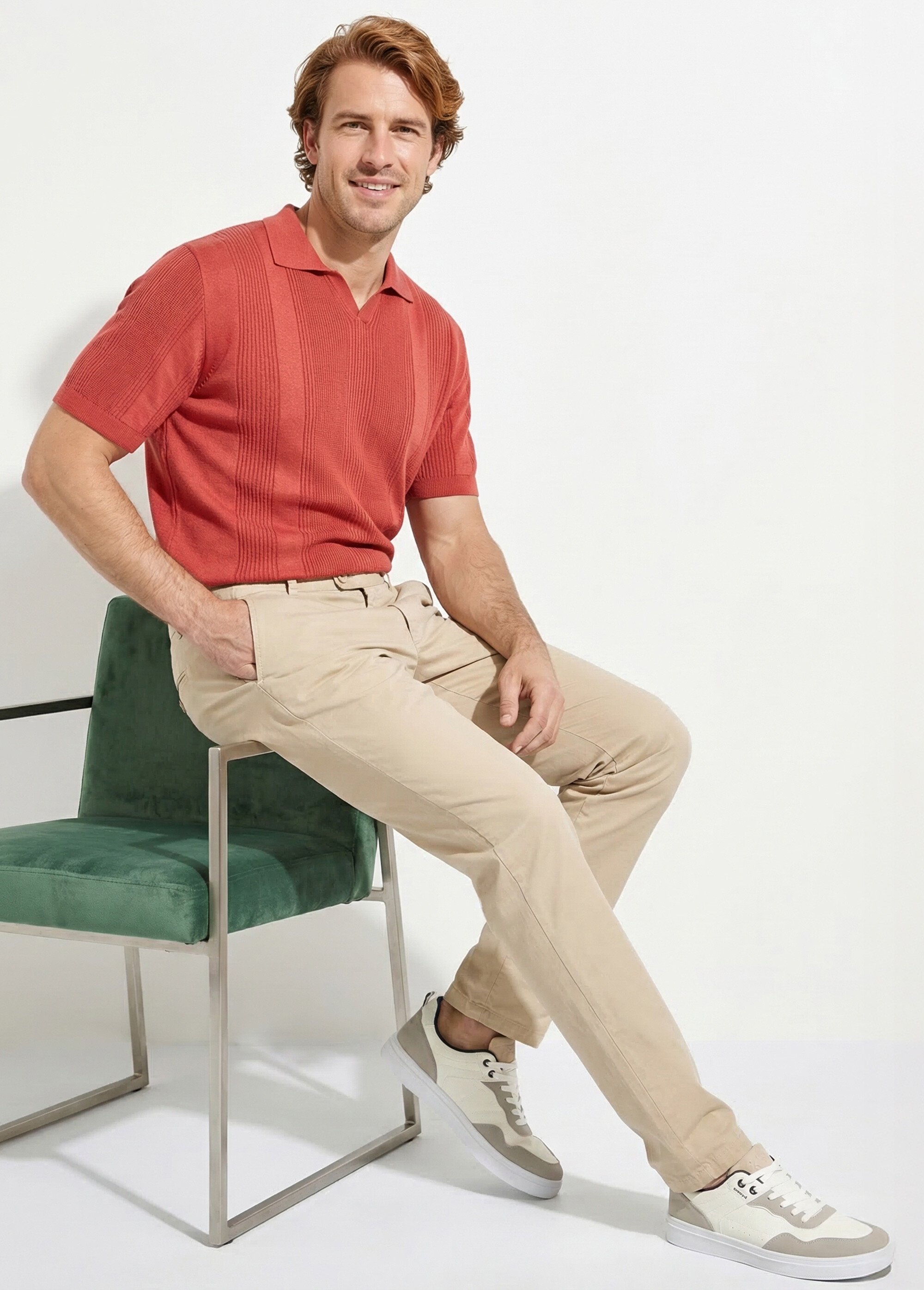 Pantalon chino droit toile coton stretch Homme Beige FLAMME MV1