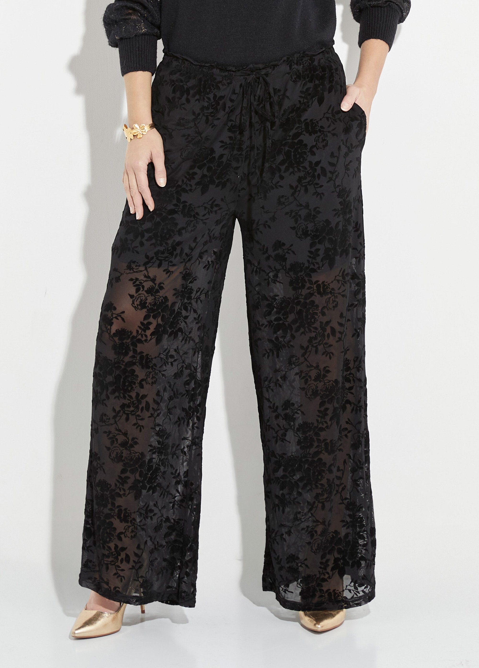 Pantalon dentelle avec fleurs velours Femme Noir JS-TR1702 FA1