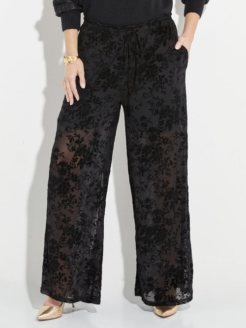 Pantalon dentelle avec fleurs velours Femme Noir JS-TR1702 FA1