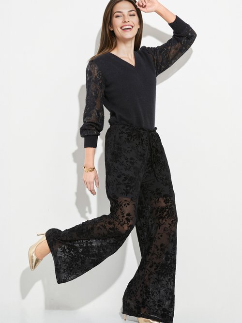 Pantalon dentelle avec fleurs velours Femme Noir JS-TR1702 MV1