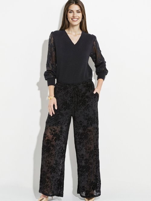 Pantalon dentelle avec fleurs velours Femme Noir JS-TR1702 SF1
