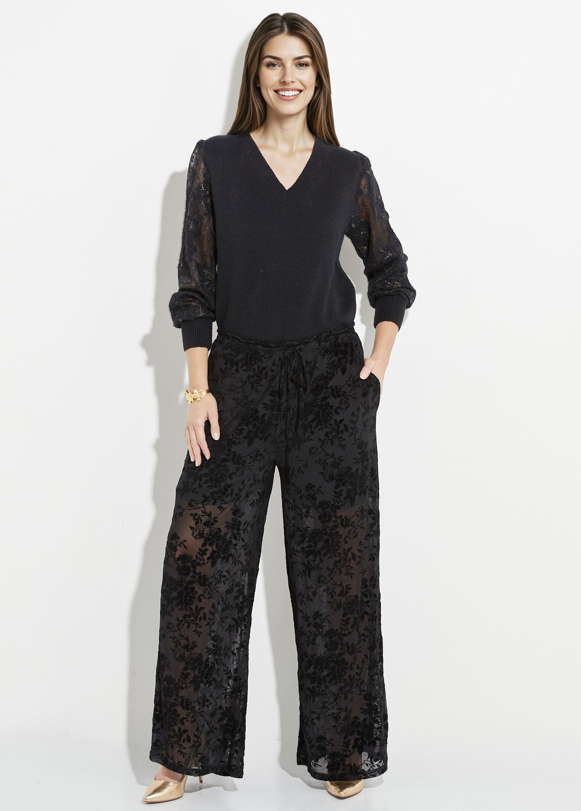 Pantalon dentelle avec fleurs velours Femme Noir JS-TR1702 SF1