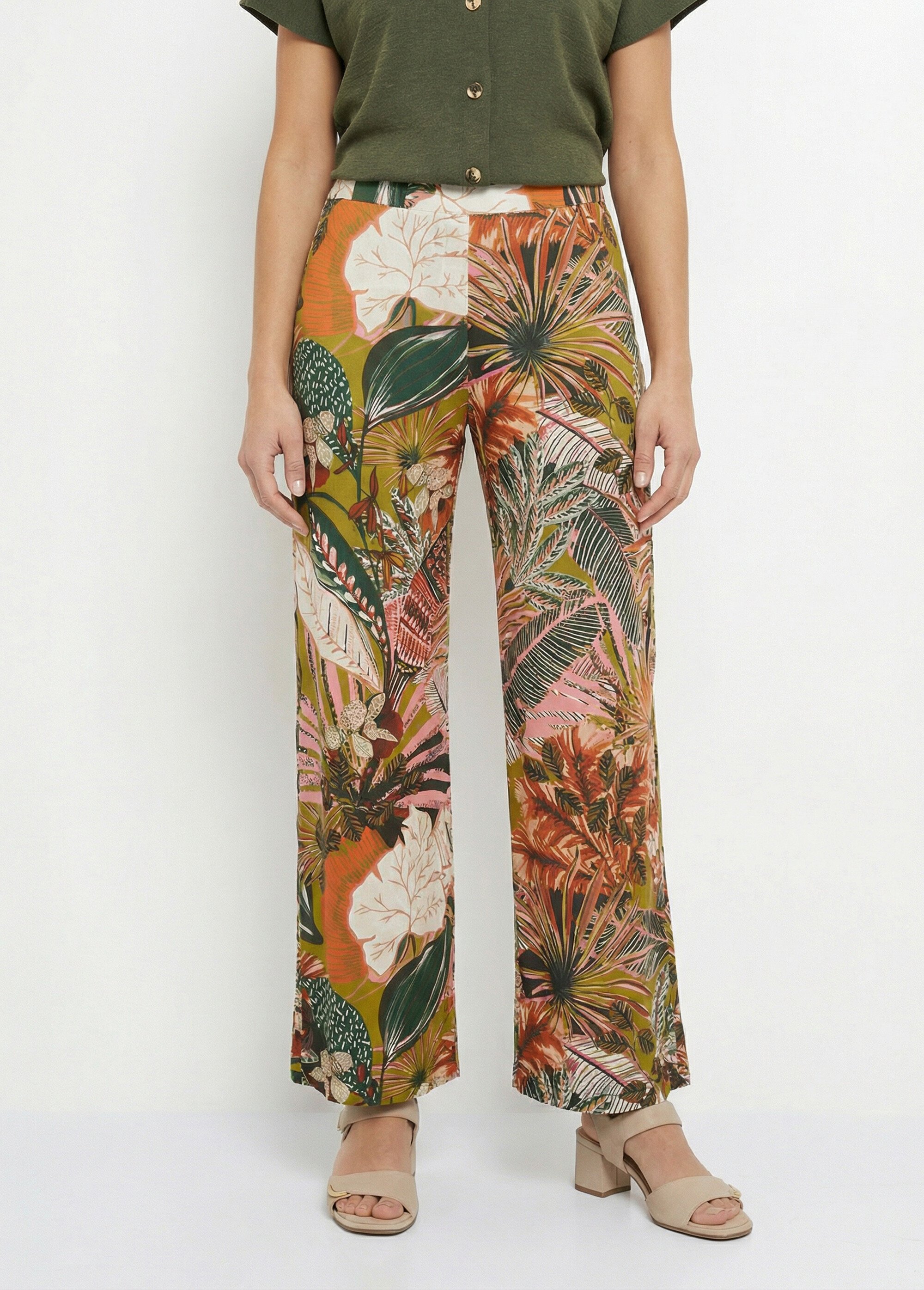 Pantalon large, imprimé jungle Femme Beige MOD-PANJUNG2 FA1