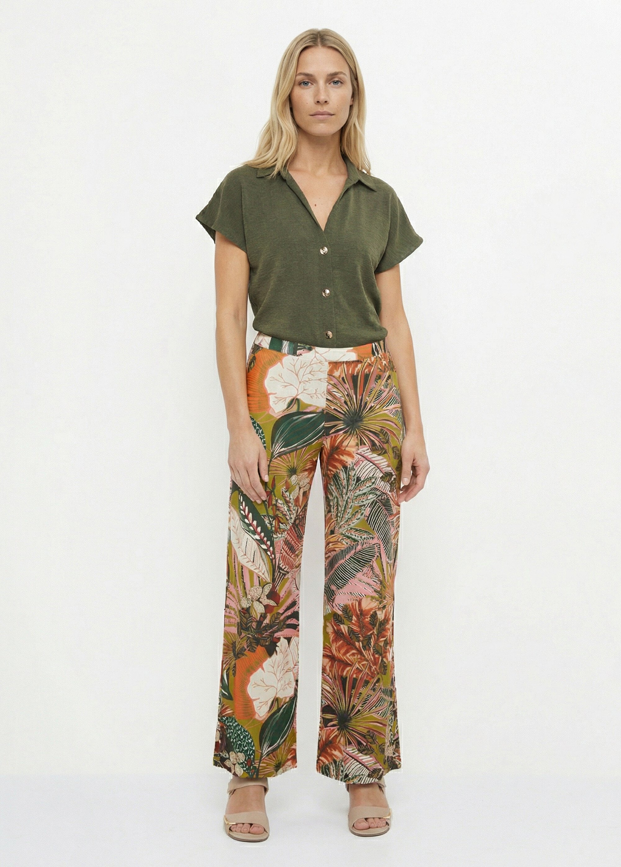 Pantalon large, imprimé jungle Femme Beige MOD-PANJUNG2 SF1