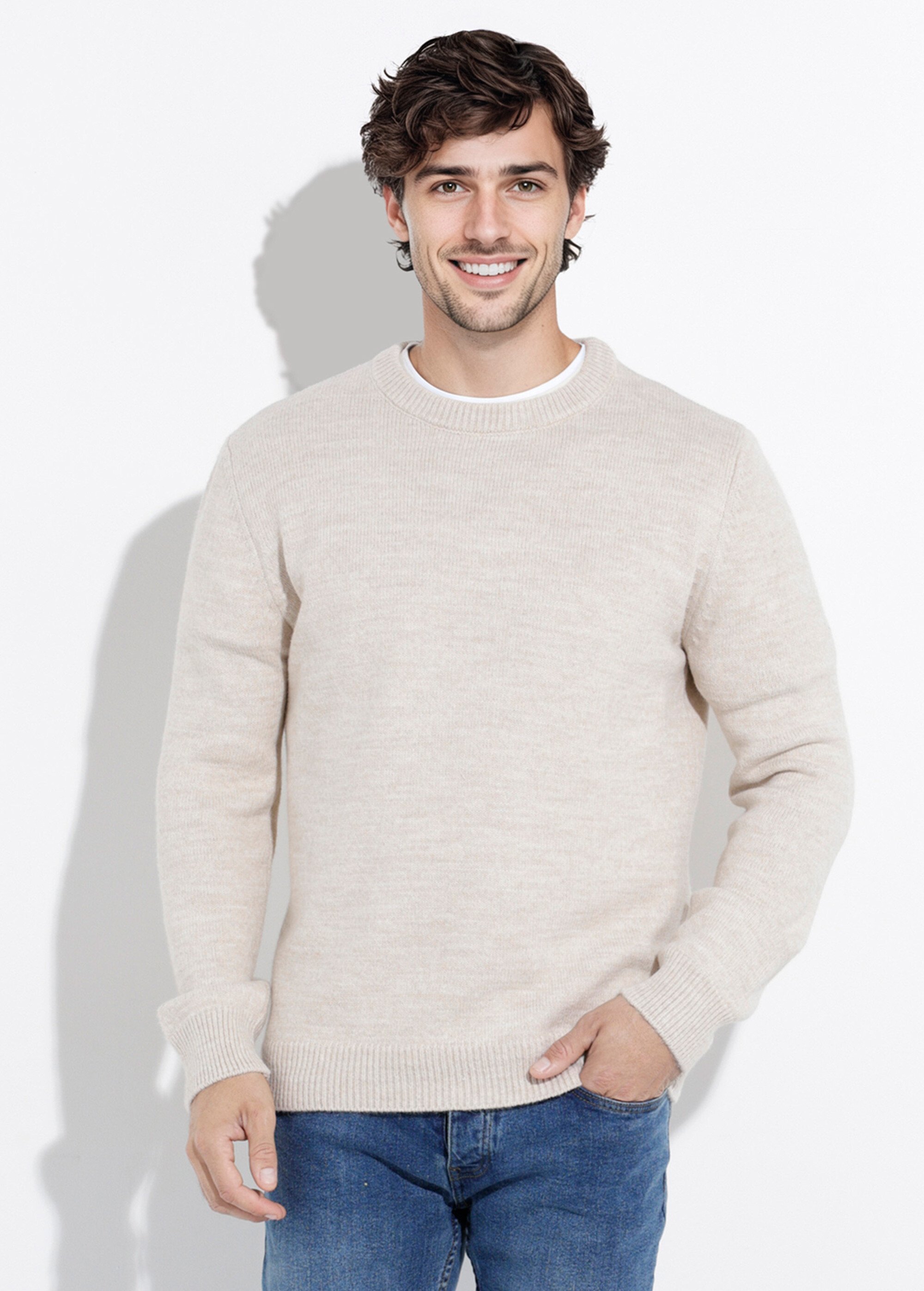 Pull chaud maille laine et col rond Homme Beige STI23001 FA1