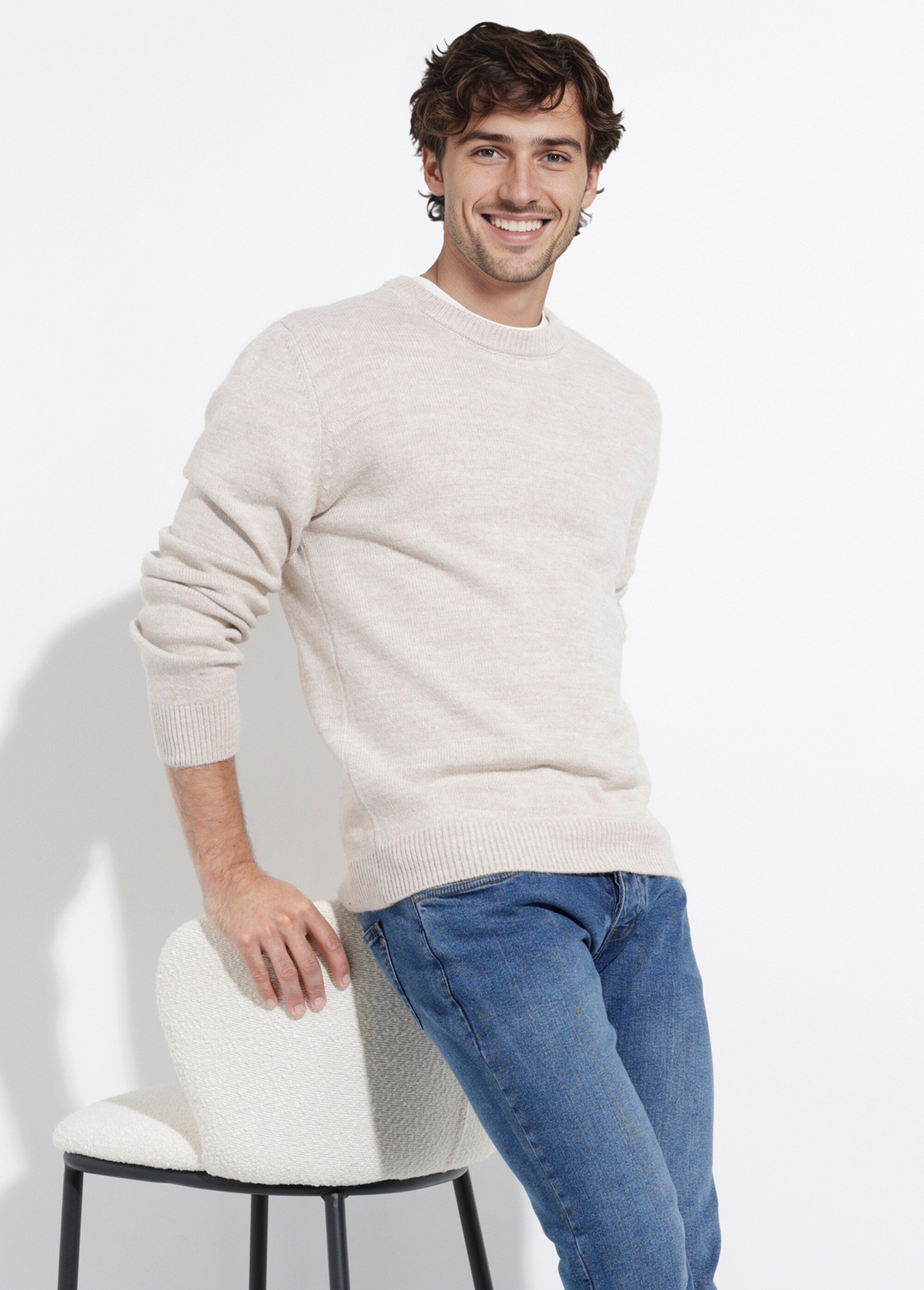 Pull chaud maille laine et col rond Homme Beige STI23001 MV1