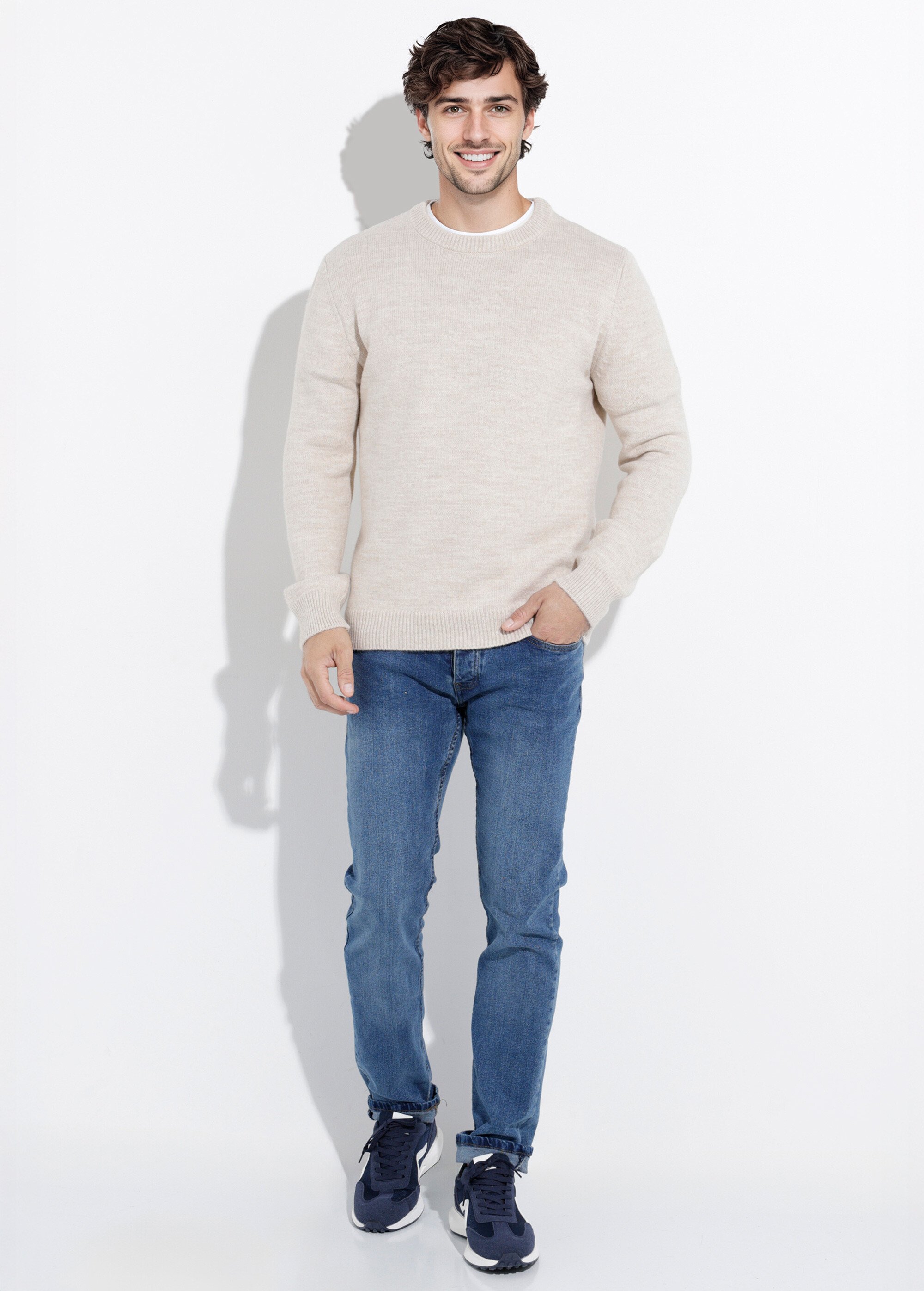 Pull chaud maille laine et col rond Homme Beige STI23001 SF1