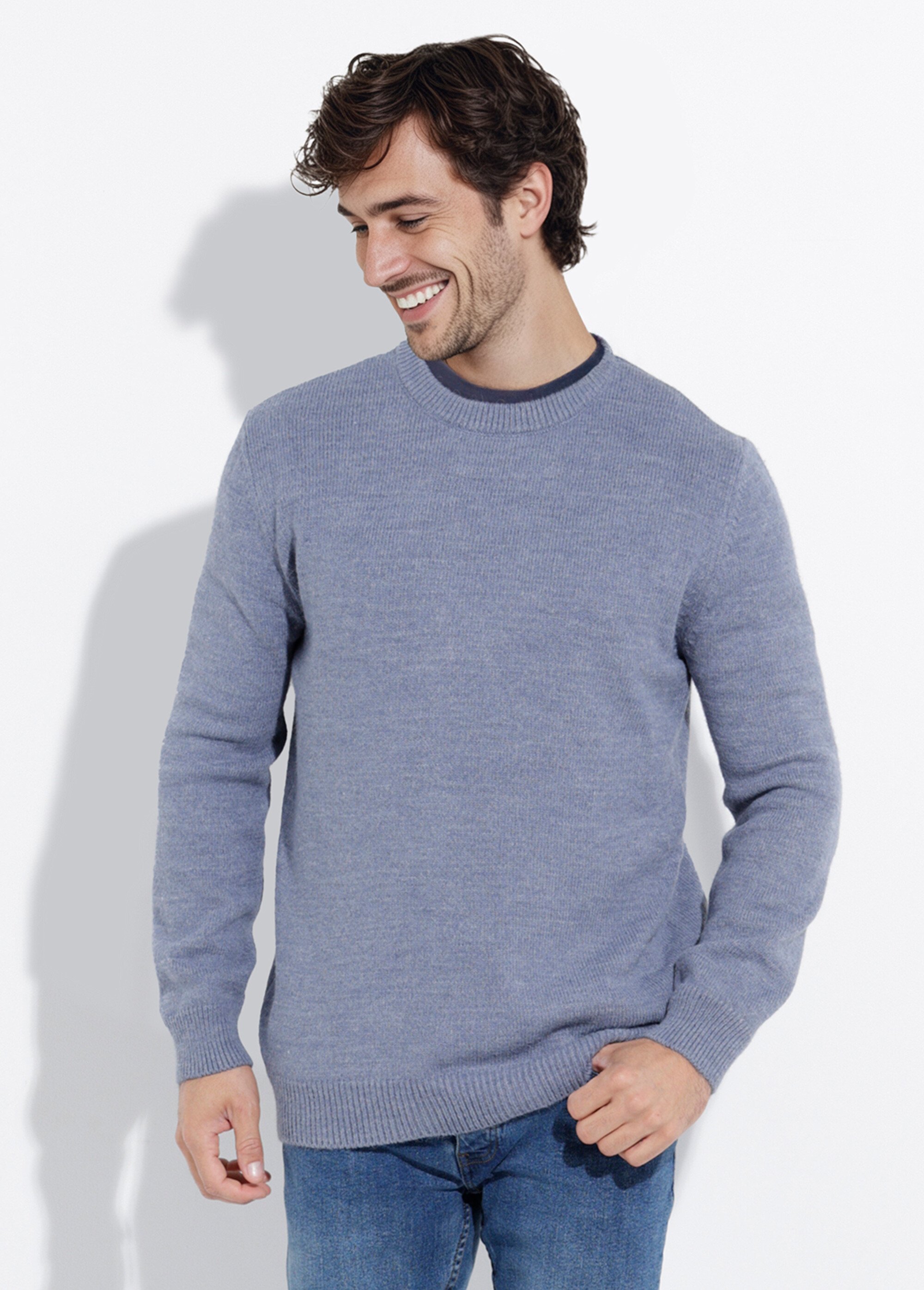 Pull chaud maille laine et col rond Homme Bleu STI23001 FA1