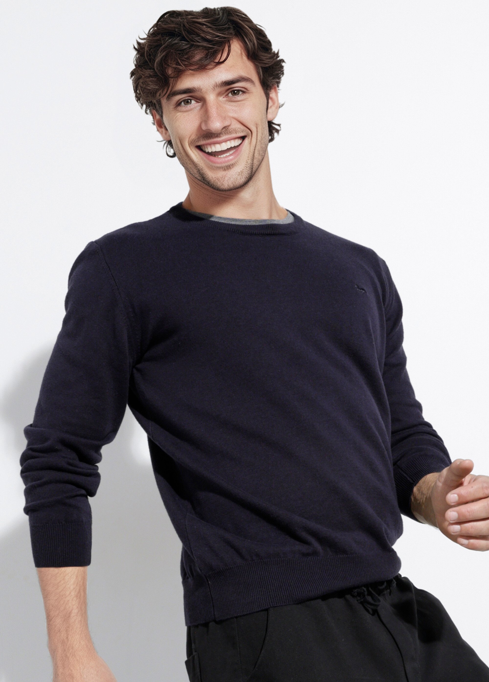 Pull fin coton, col rond manches longues