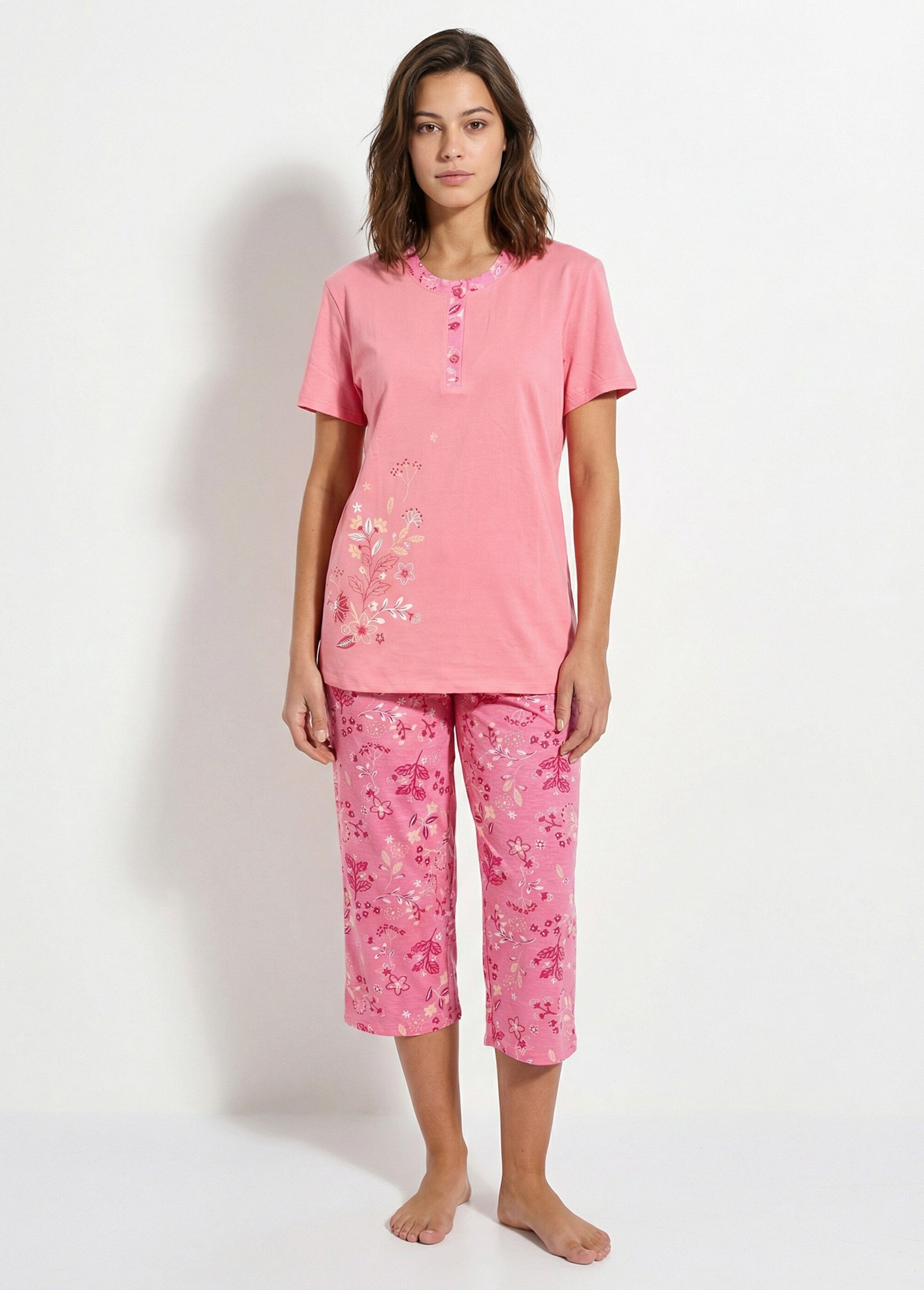 Pyjama corsaire col tunisien coton Femme Rose STEG FA1