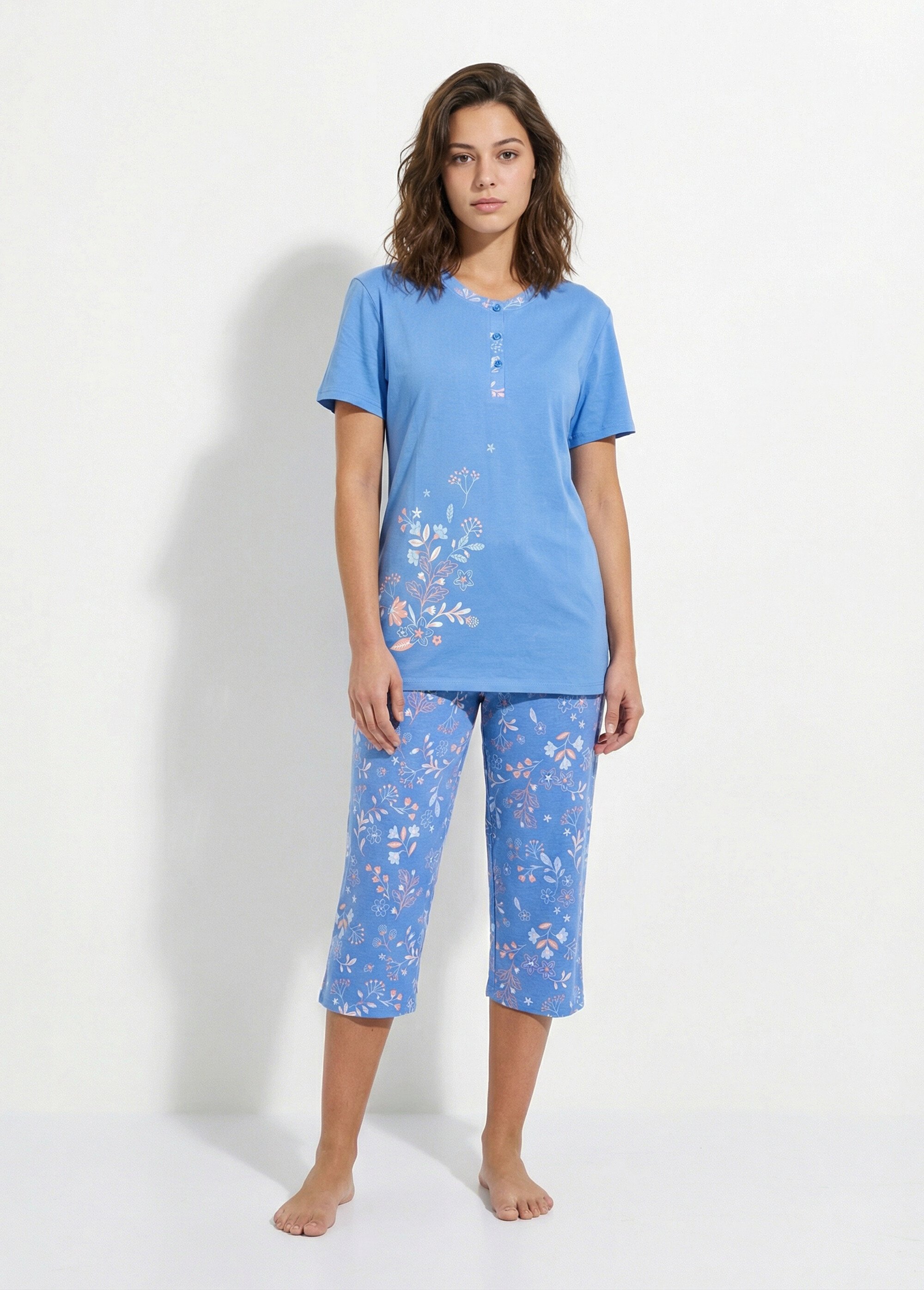 Pyjama corsaire col tunisien coton Femme Bleu STEG FA1