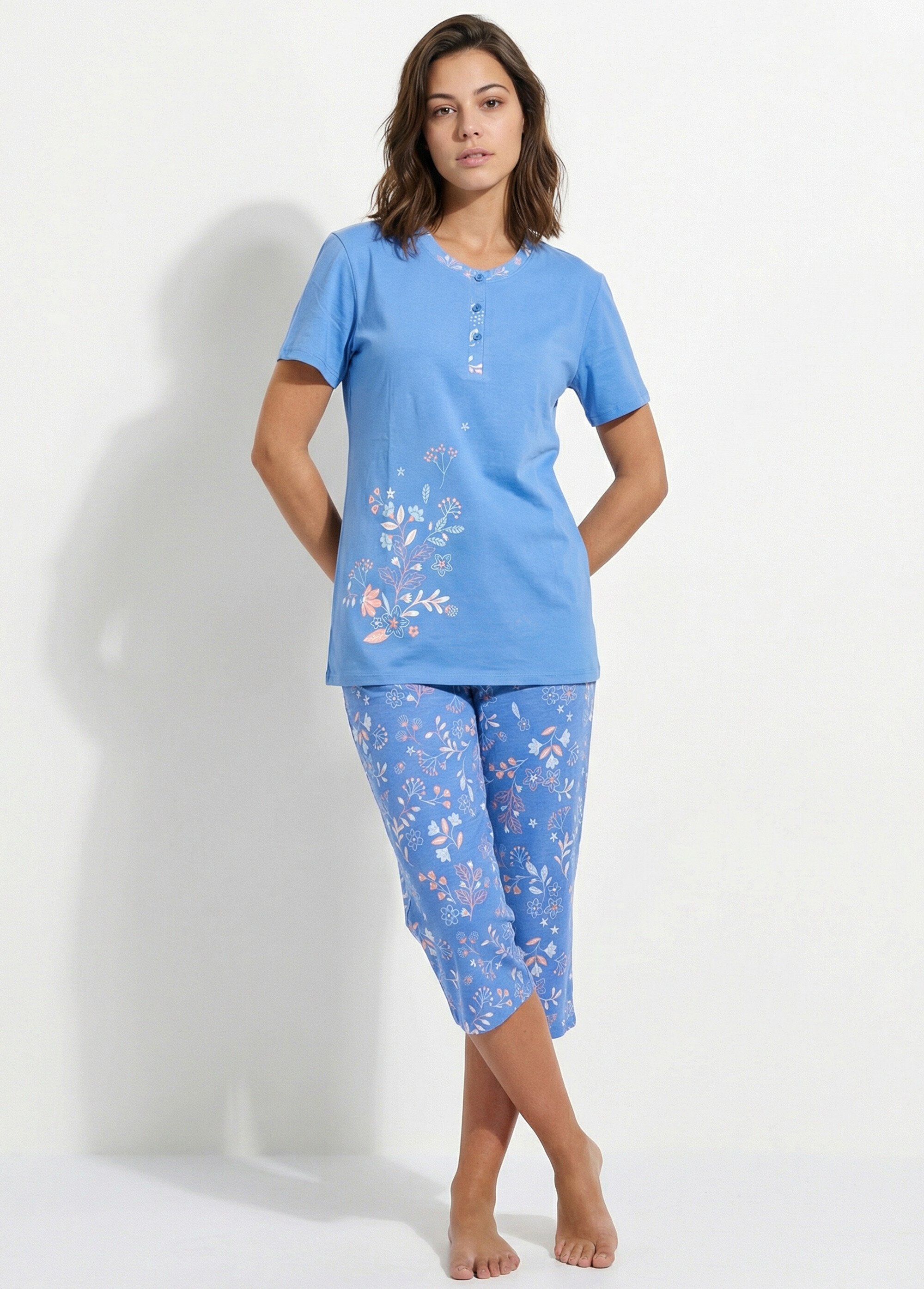 Pyjama corsaire col tunisien coton Femme Bleu STEG MV1