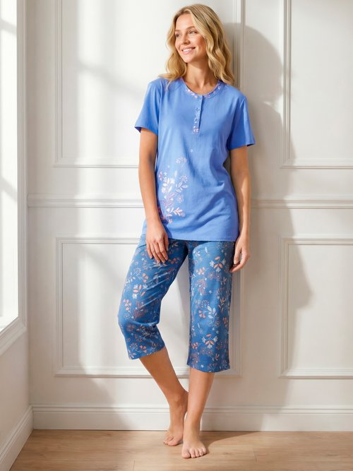 Pyjama fleuri manches courtes et corsaire Femme Bleu STEG SI1