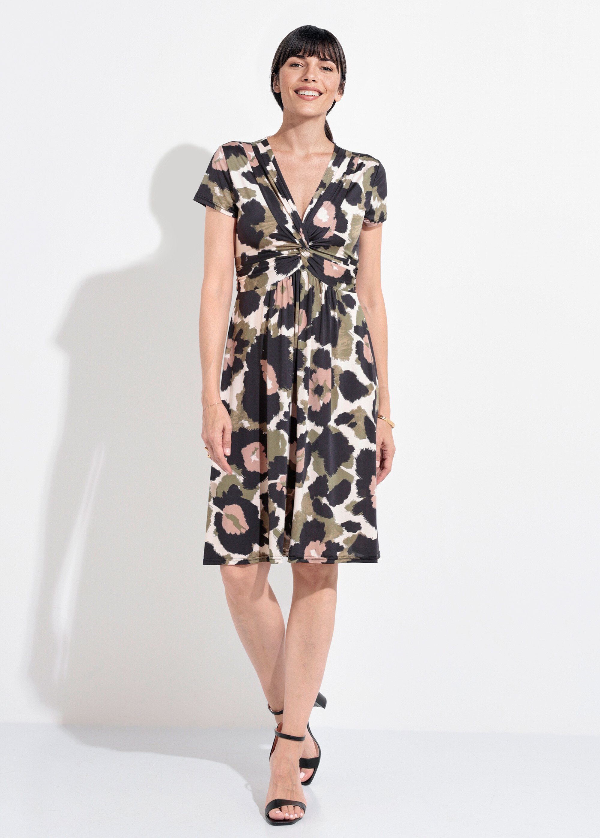 Robe courte col V drapé camouflage arty Femme NOIR ET KAKI FI-MONICAMONO FA1