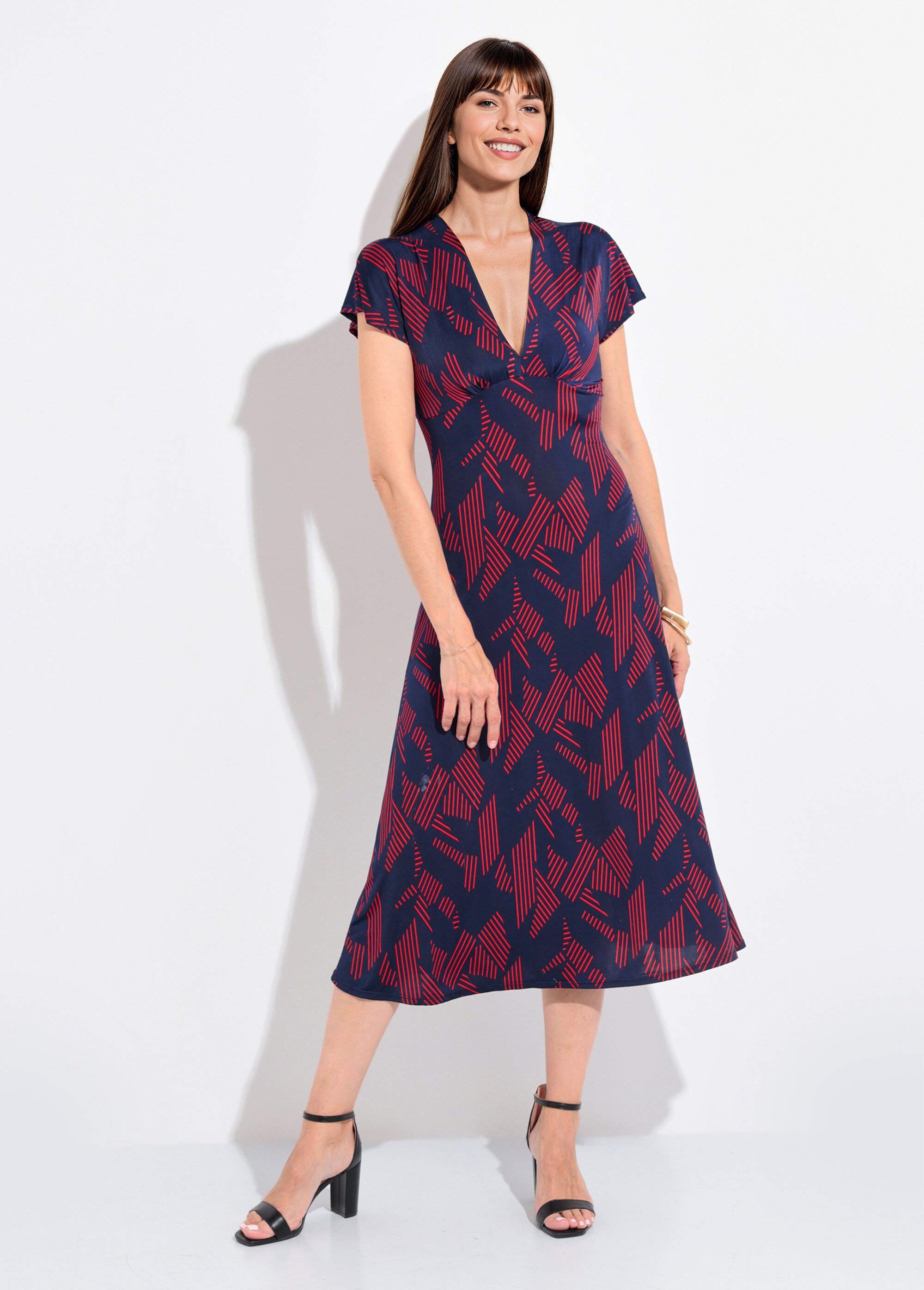 Robe longue manches col V motif graphique Femme MARINE ET BORDEAUX FI-DANSYBOMAR FA1