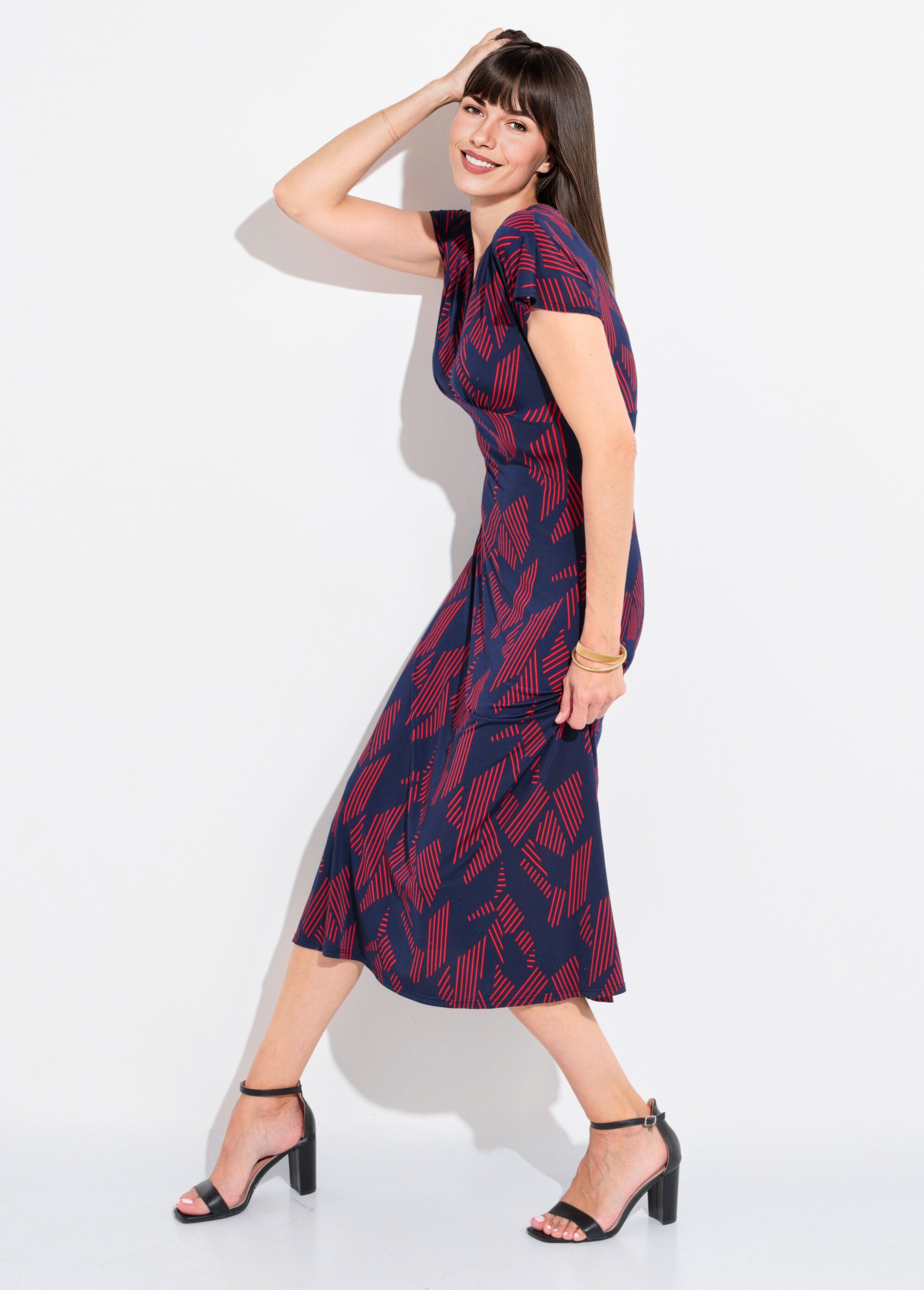Robe longue manches col V motif graphique Femme MARINE ET BORDEAUX FI-DANSYBOMAR MV1