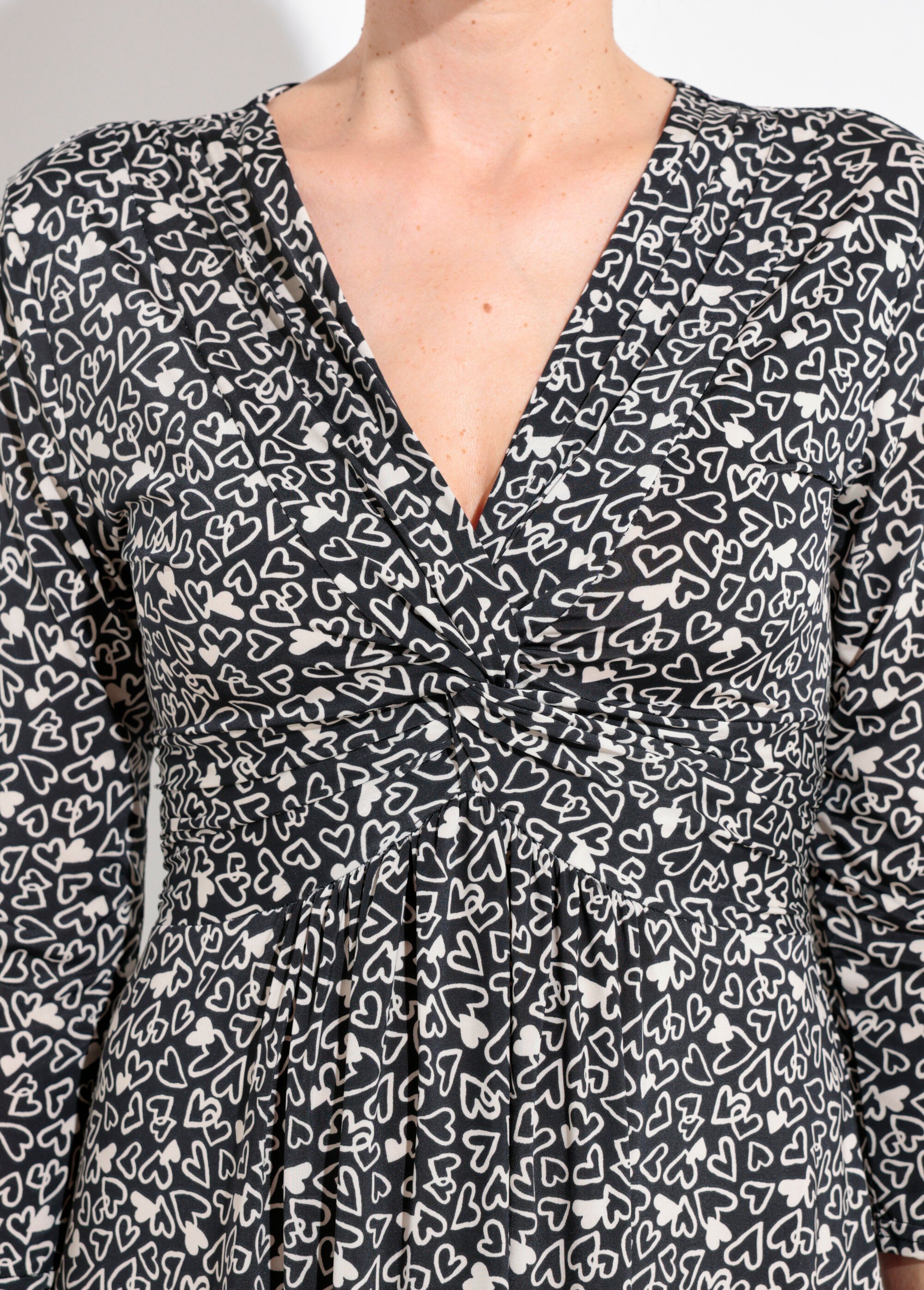 Robe manches 3/4 col V drapé motif cœurs Femme Noir FI-MONICOEUR DE1