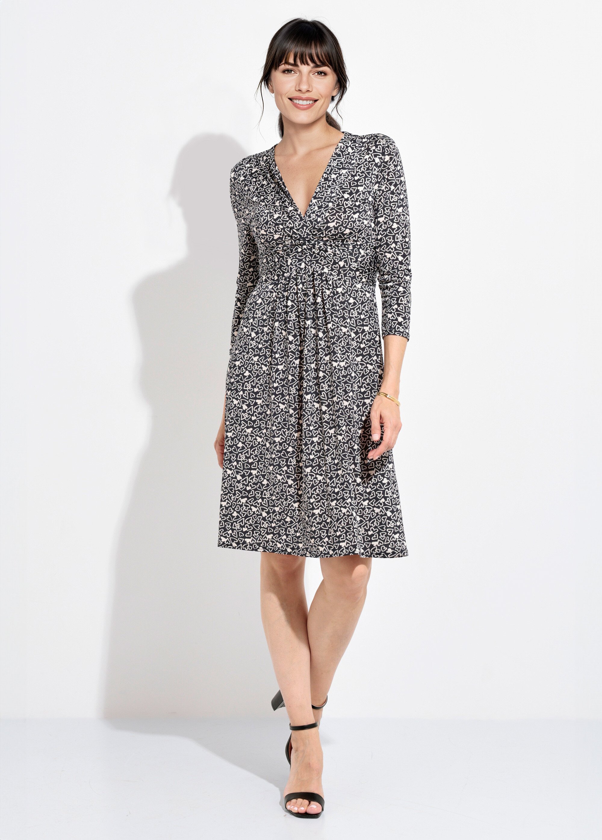 Robe manches 3/4 col V drapé motif cœurs Femme Noir FI-MONICOEUR FA1